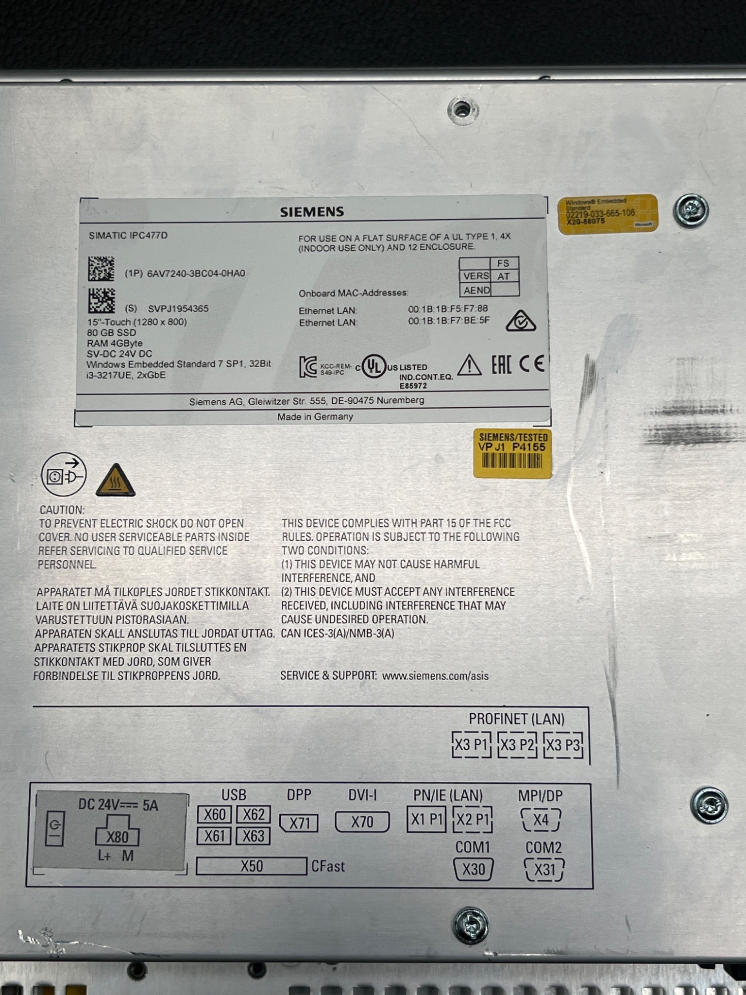 SIEMENS 6AV7240‑3BC04‑0HA0 SIMATIC IPC477D Touch Panel PC USED 4