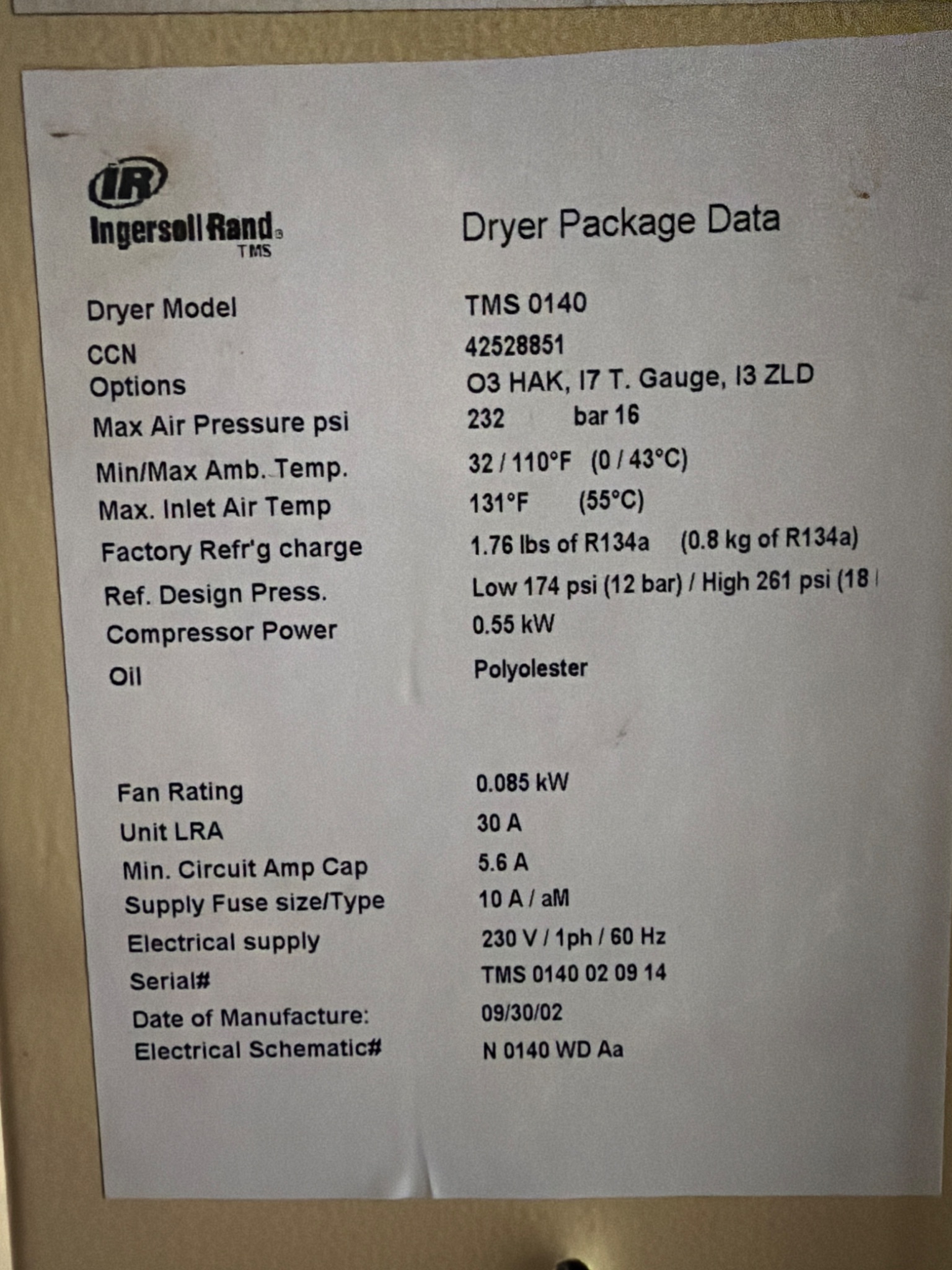 INGERSOLL RAND TMS 0140 Refrigerated Air Dryer USED 5
