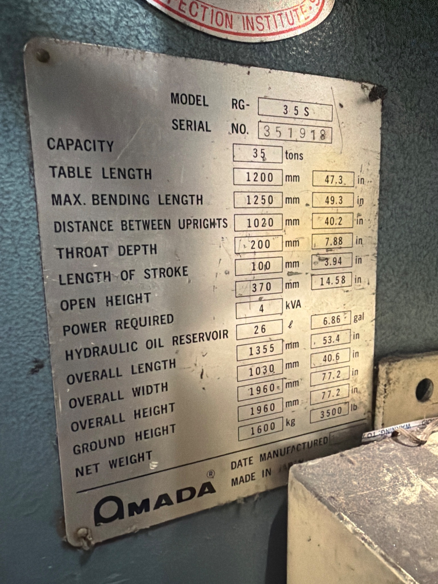 AMADA RG‑35S CNC Press Brake 35 Ton USED 9
