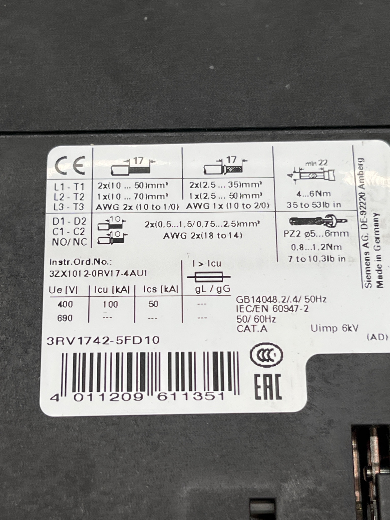 SIEMENS 3RV1742‑5FD10 Motor Protection Circuit Breaker USED 5