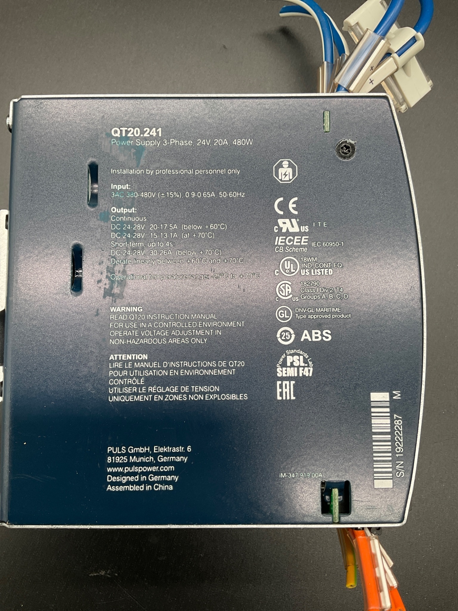 PULS QT20.241 DIN Rail Power Supply 24VDC 20A USED 3