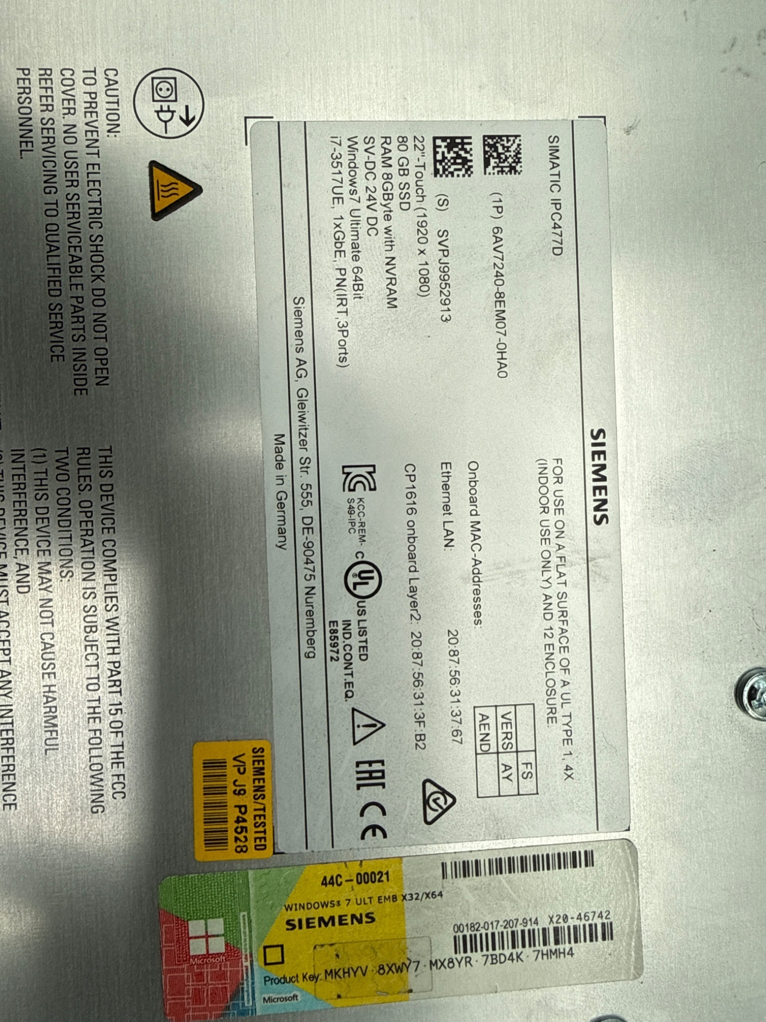 SIEMENS 6AV7240‑8EM07‑0HA0 SIMATIC IPC477D Touch Panel PC USED 3