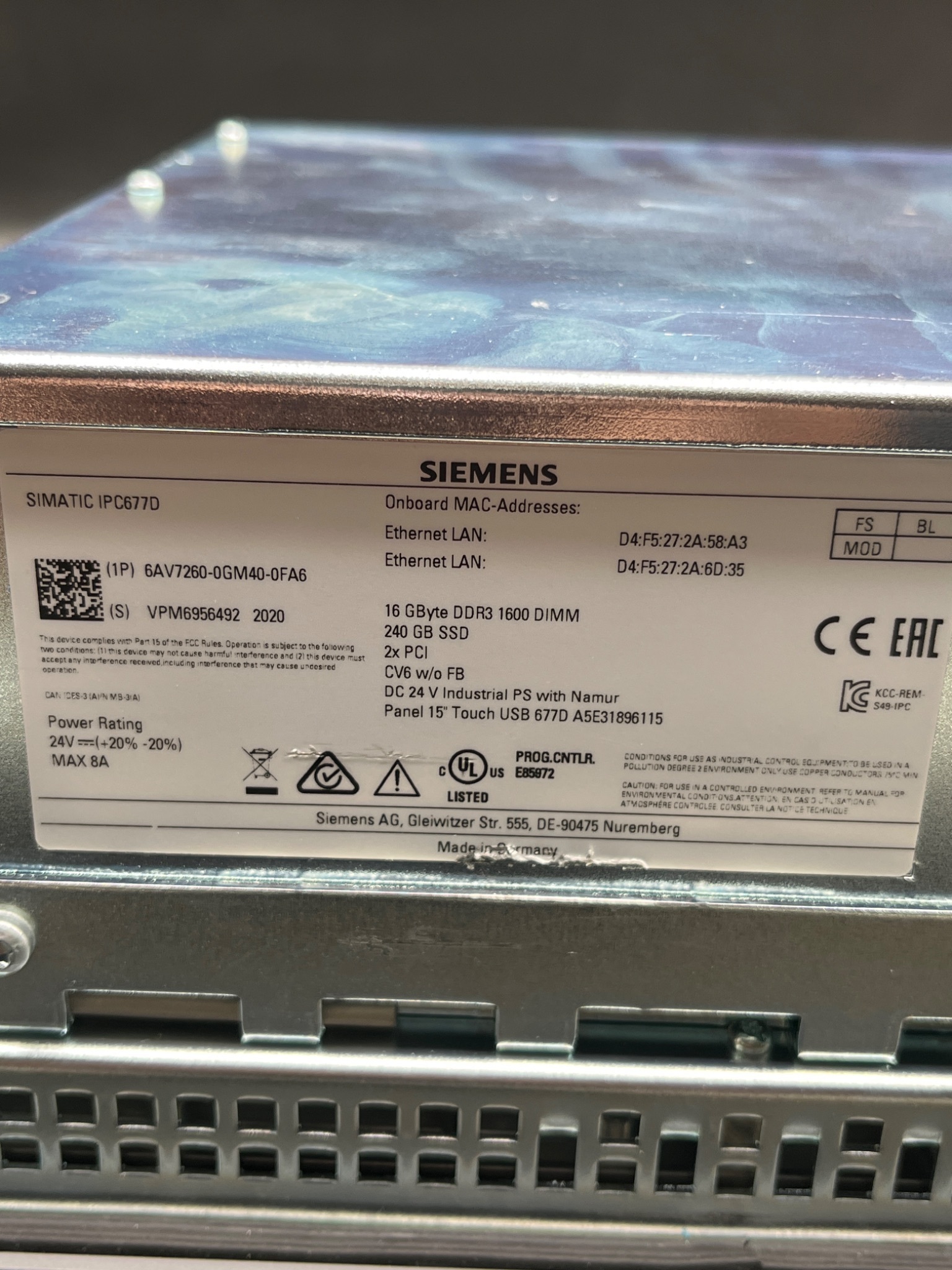 SIEMENS 6AV7260‑0GM40‑0FA6 SIMATIC IPC677D 15" Touch Panel PC USED 6