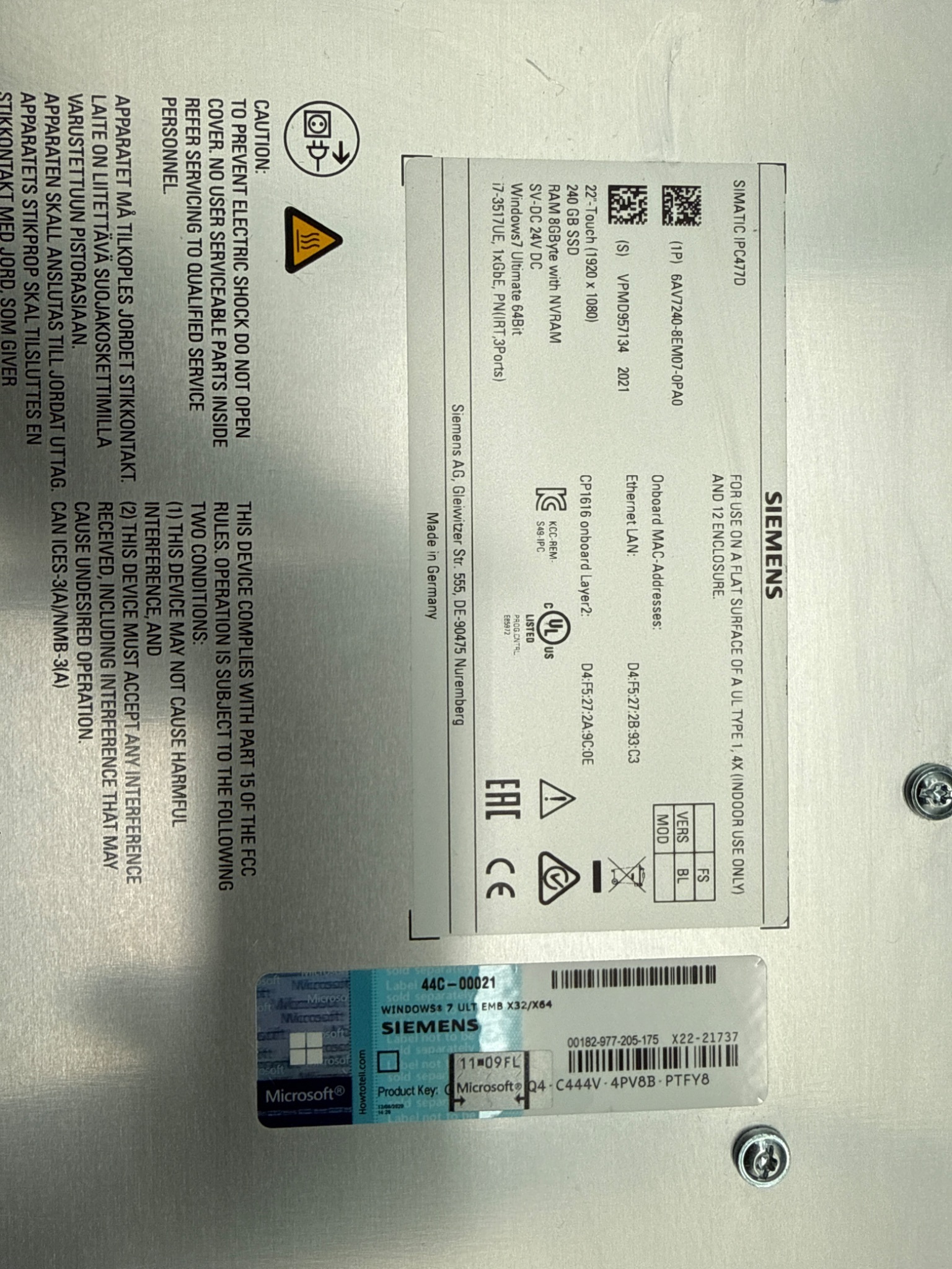 SIEMENS 6AV7240‑8EM07‑0PA0 SIMATIC IPC477D Panel PC USED 5