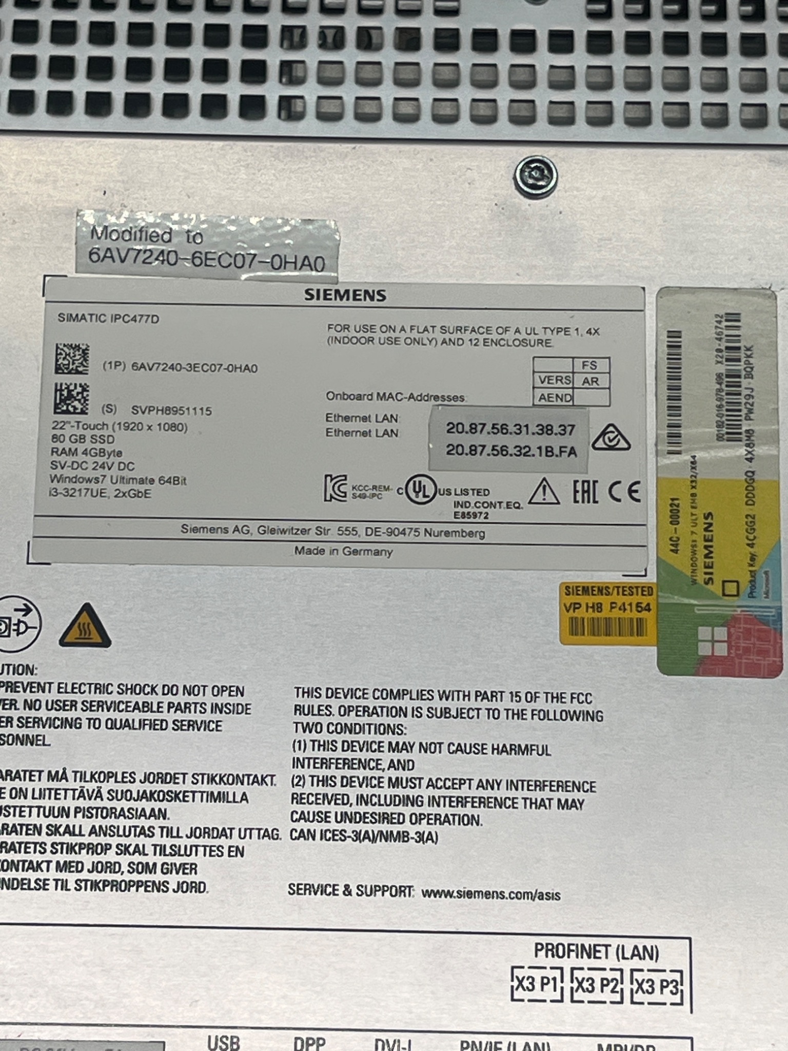 Siemens 6AV7240-6EC07-0HA0 SIMATIC IPC477D Touch Panel USED 3