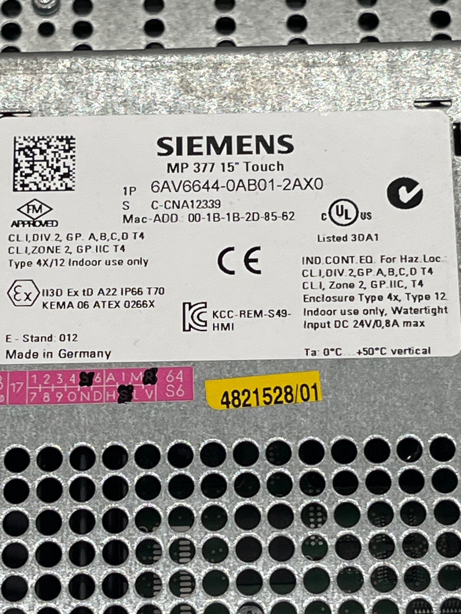 SIEMENS 6AV6644‑0AB01‑2AX0 SIMATIC MP 377 15" Touch HMI USED 4