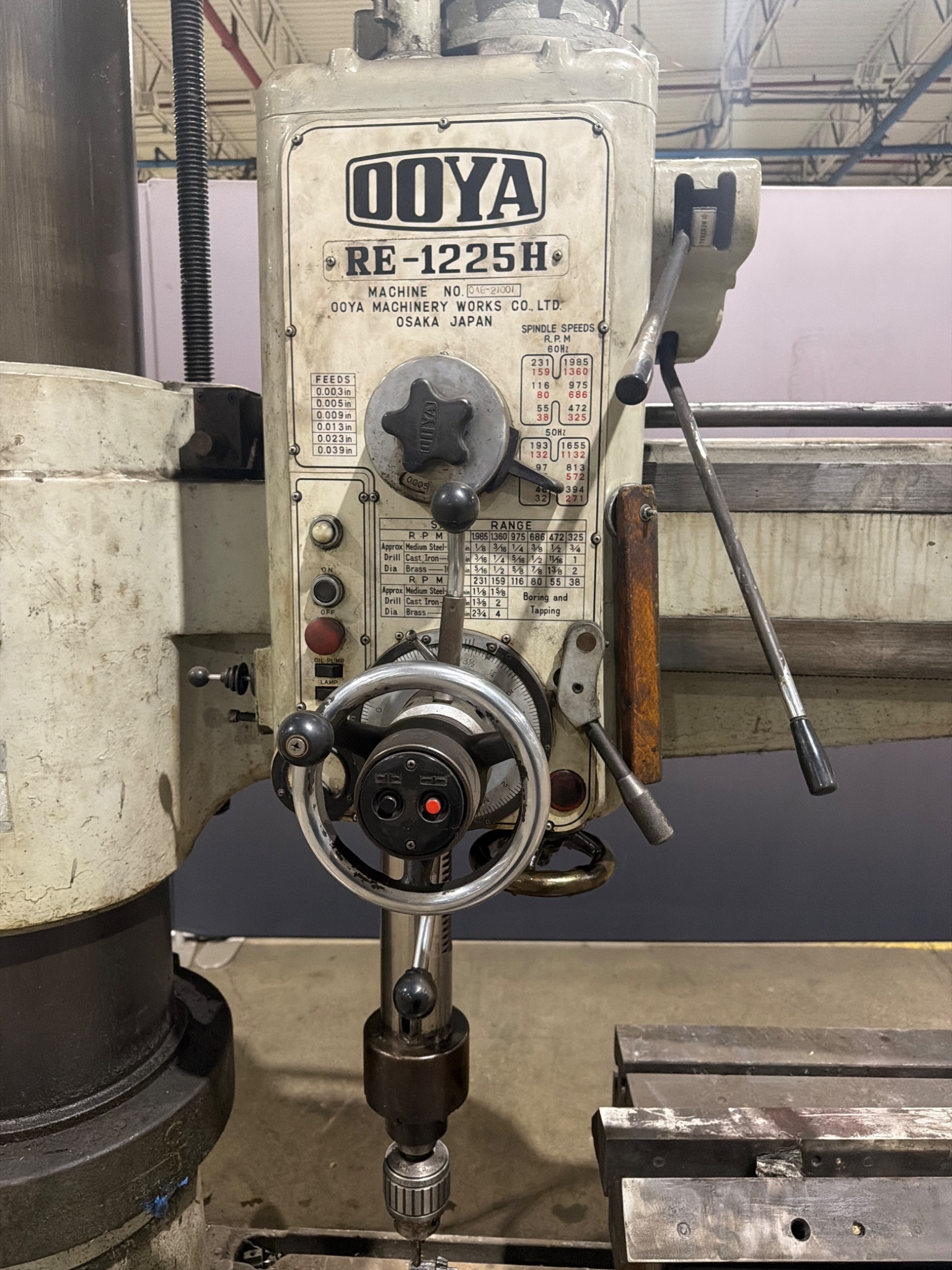 4′ × 13″ OOYA RE‑1225H Radial Arm Drill with Box Table USED 1