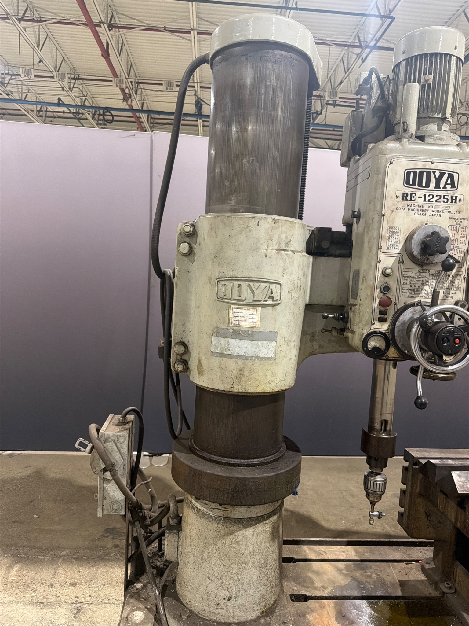 4′ × 13″ OOYA RE‑1225H Radial Arm Drill with Box Table USED 2