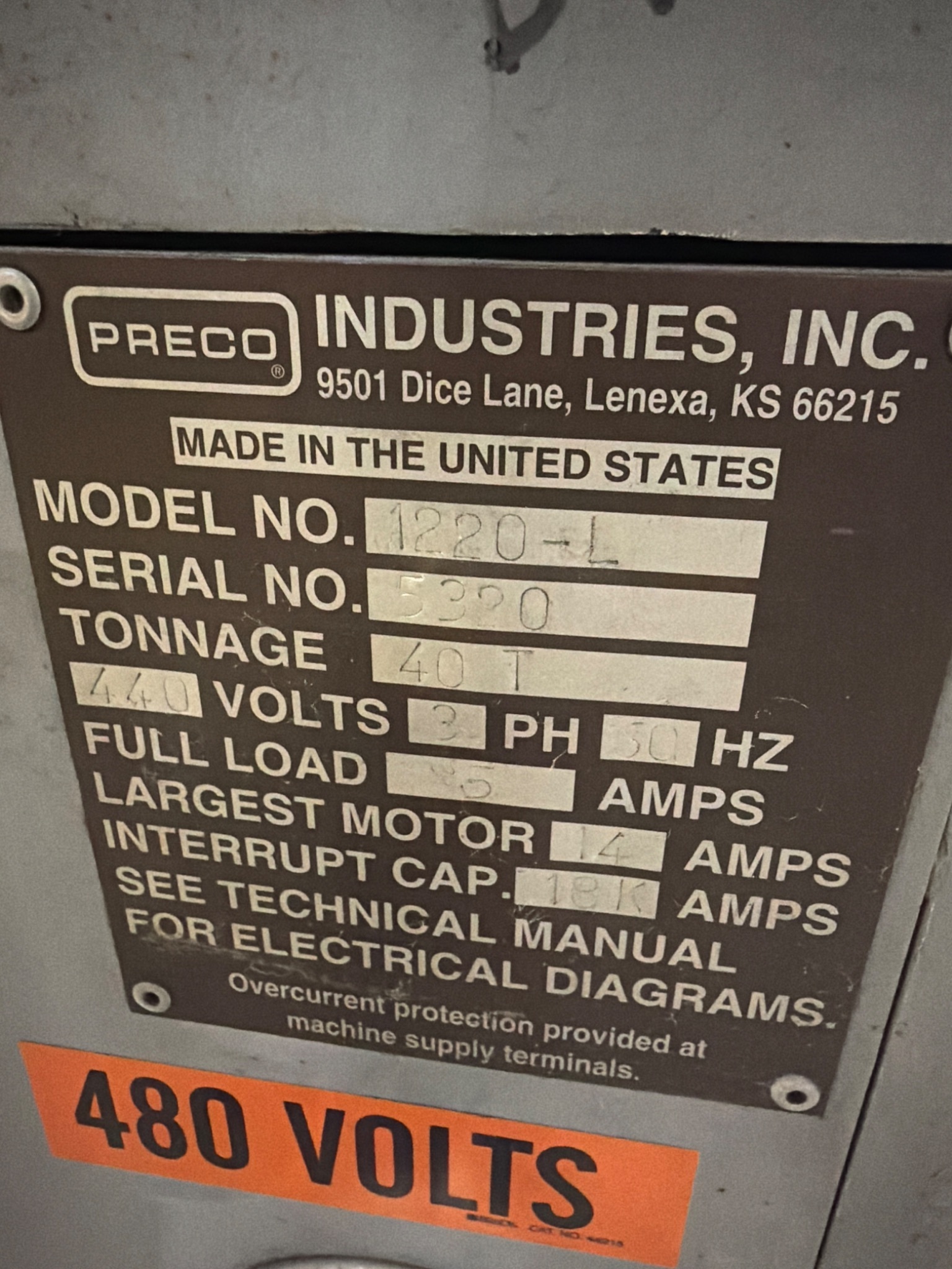 PRECCO 1220‑L 40 Ton Press USED - For Parts Only 7