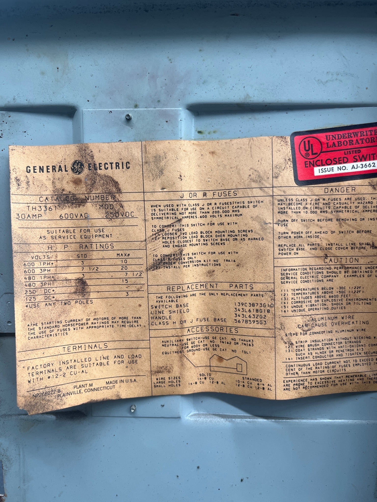 GENERAL ELECTRIC TH3361 Heavy Duty Safety Switch USED 6