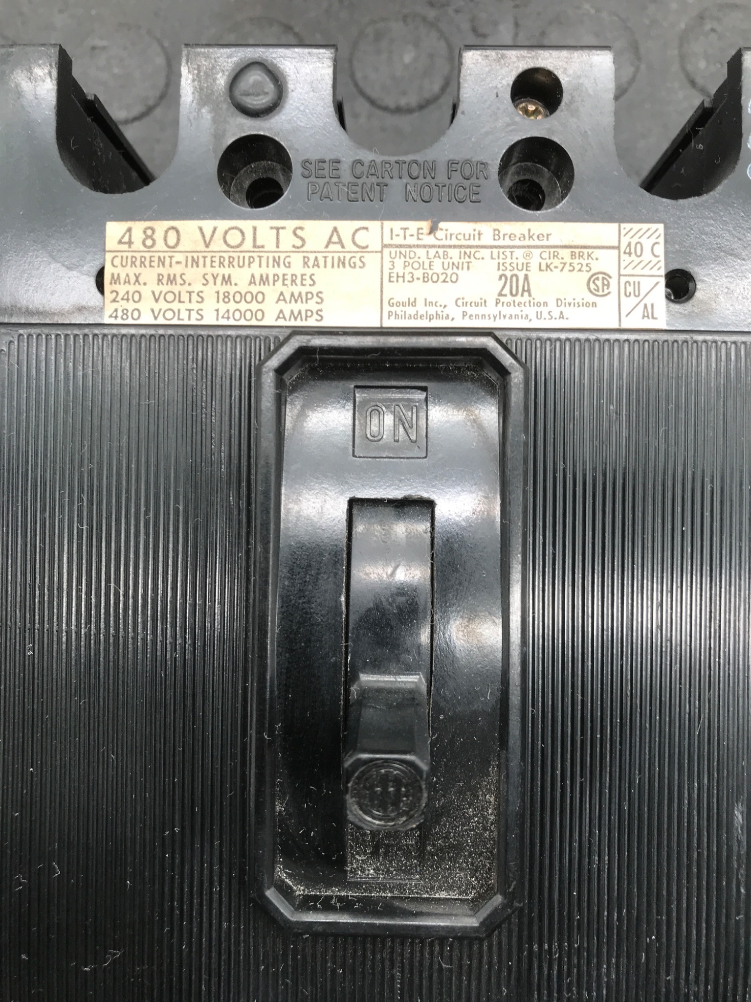 UND LAB INC EH3-B020 Molded Case Circuit Breaker USED 1