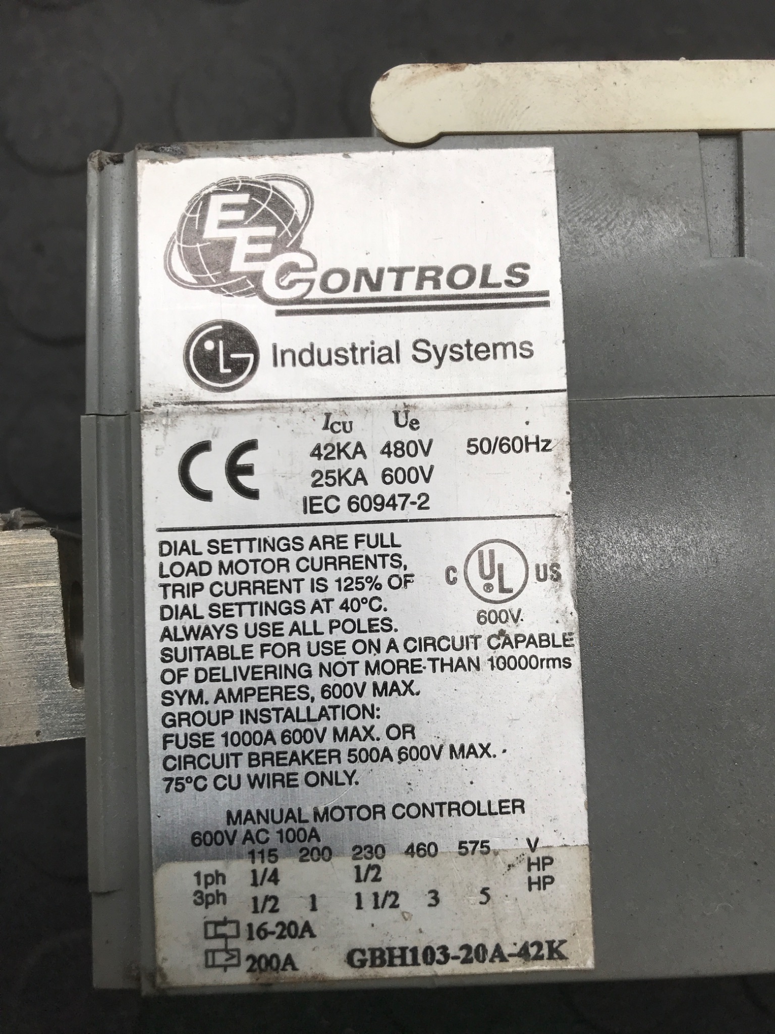 LG / MEC GBH103-20A-42K Manual Motor Controller USED 4