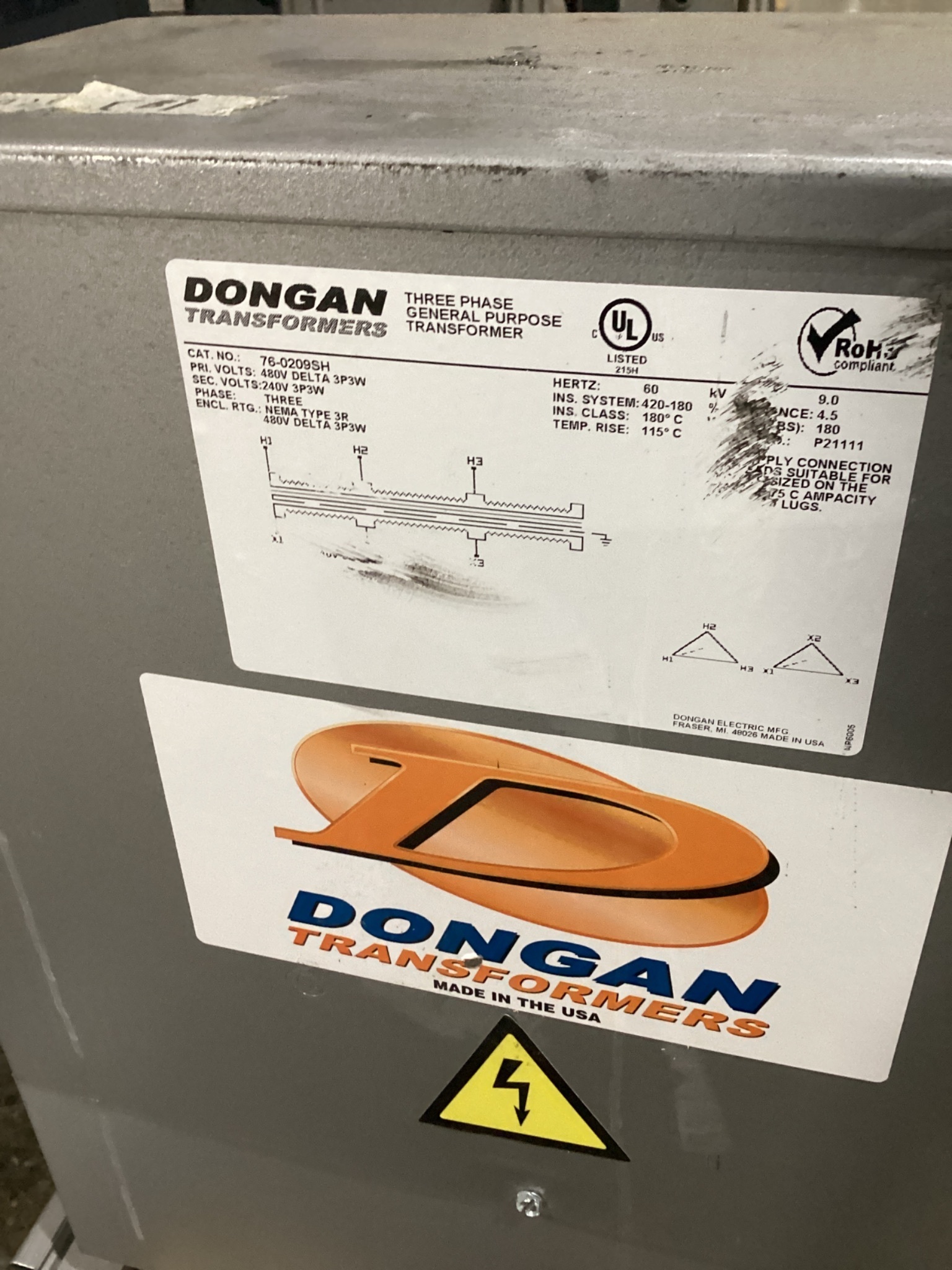 DONGAN 76‑0209SH 9 KVA Transformer 480V - 240V USED 3
