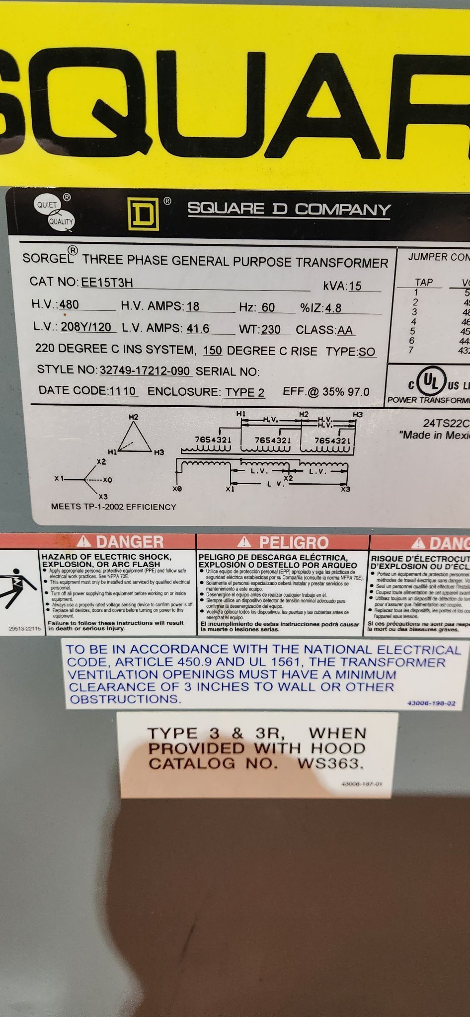 SQUARE D EE15T3H 15 kVA Three Phase Transformer NEW 1