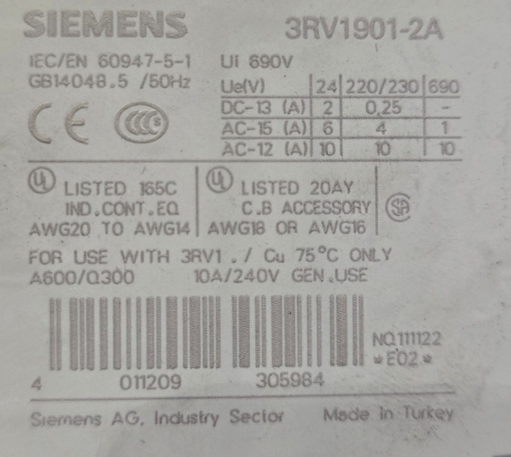 SIEMENS 3RV1721‑1KD10 Motor Protection Circuit Breaker USED 6