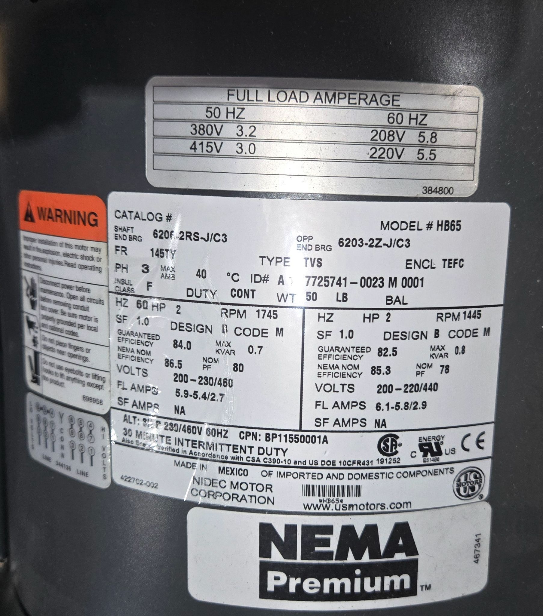 NIDEC HB65 General Purpose AC Motor 6206-2RS-J/C3 NEW 4