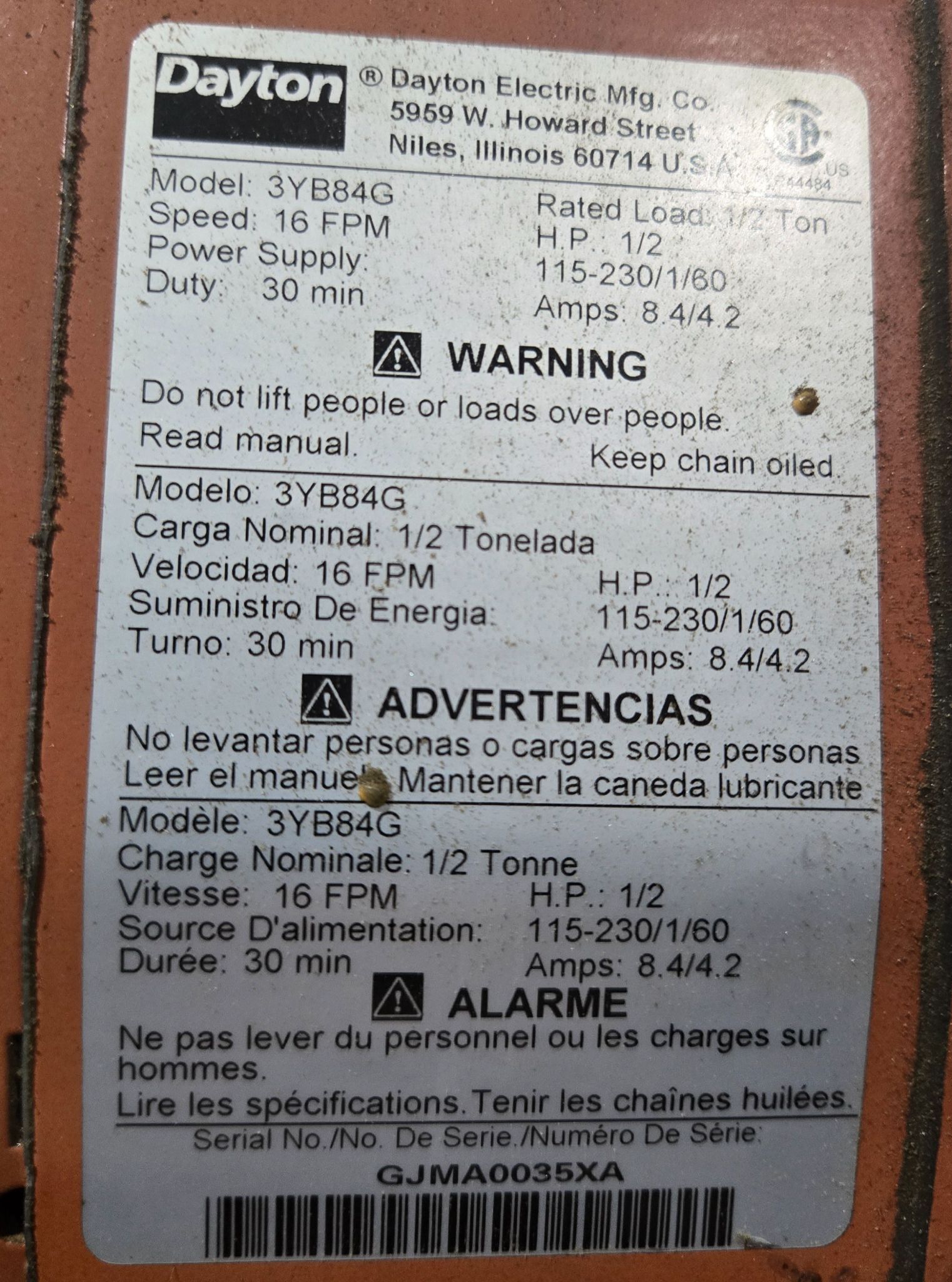 DAYTON 3YB84G Electric Chain Hoist 1/2 Ton USED 4