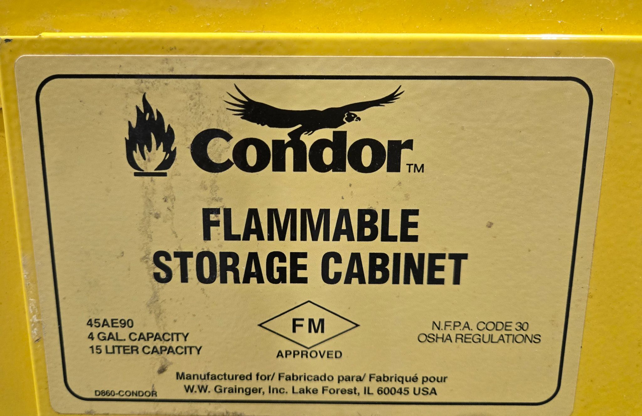CONDOR 45AE90 Flammable Storage Cabinet 4 Gallon USED 5
