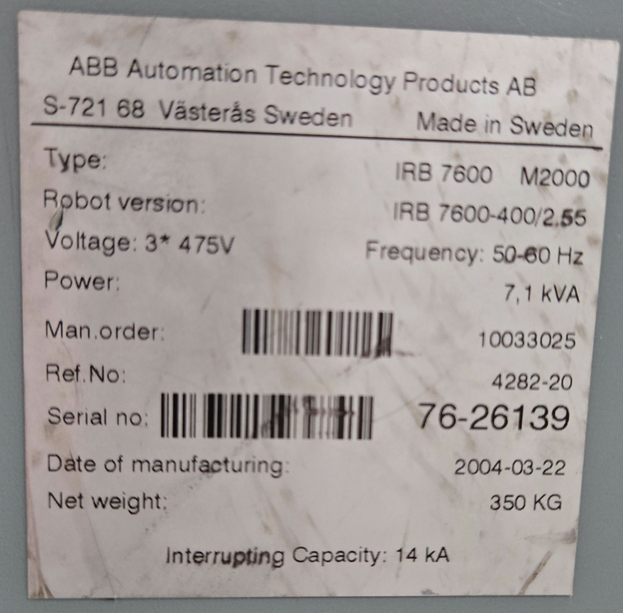 ABB IRB 7600-400/2.55 Robot with S4C+ Controller USED 14
