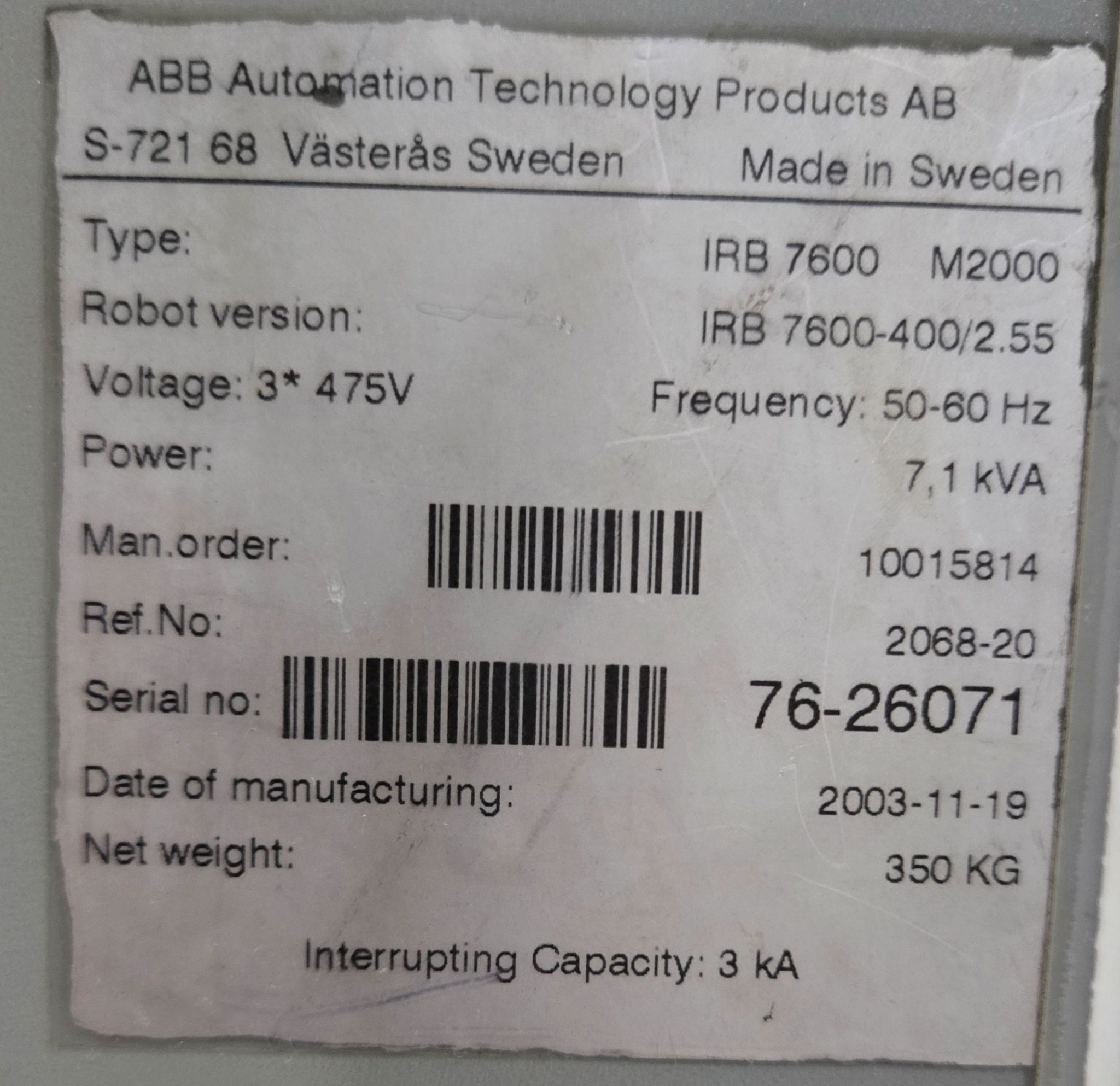ABB IRB 7600-400/2.55 Robot with S4C+ Controller USED 16