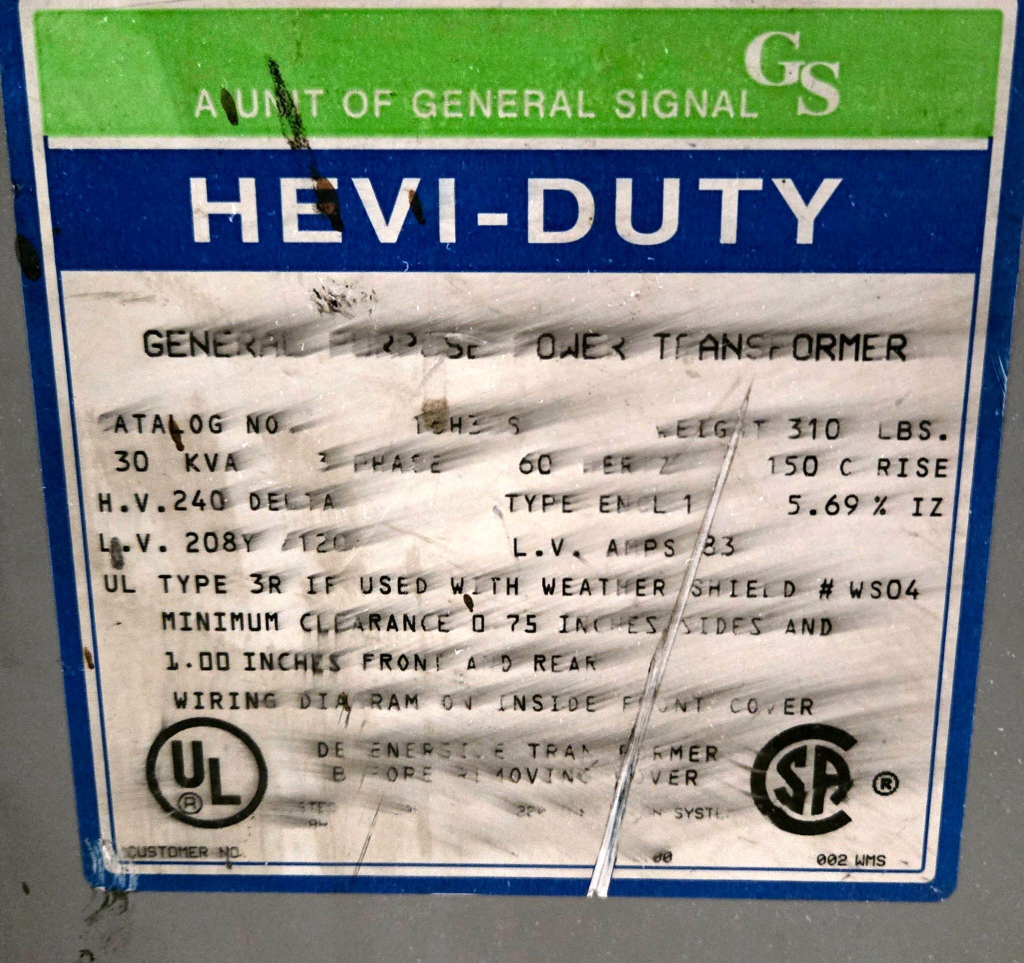 GENERAL SIGNAL HEVI‑DUTY 30kVA Transformer 240Δ‑208Y/120 3‑Phase USED 4