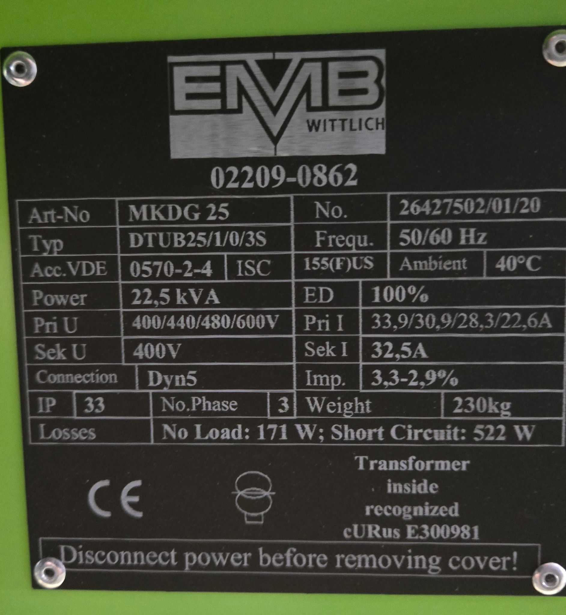 EMB MKDG25 22.5kVA 3‑Phase Transformer 400V USED 3
