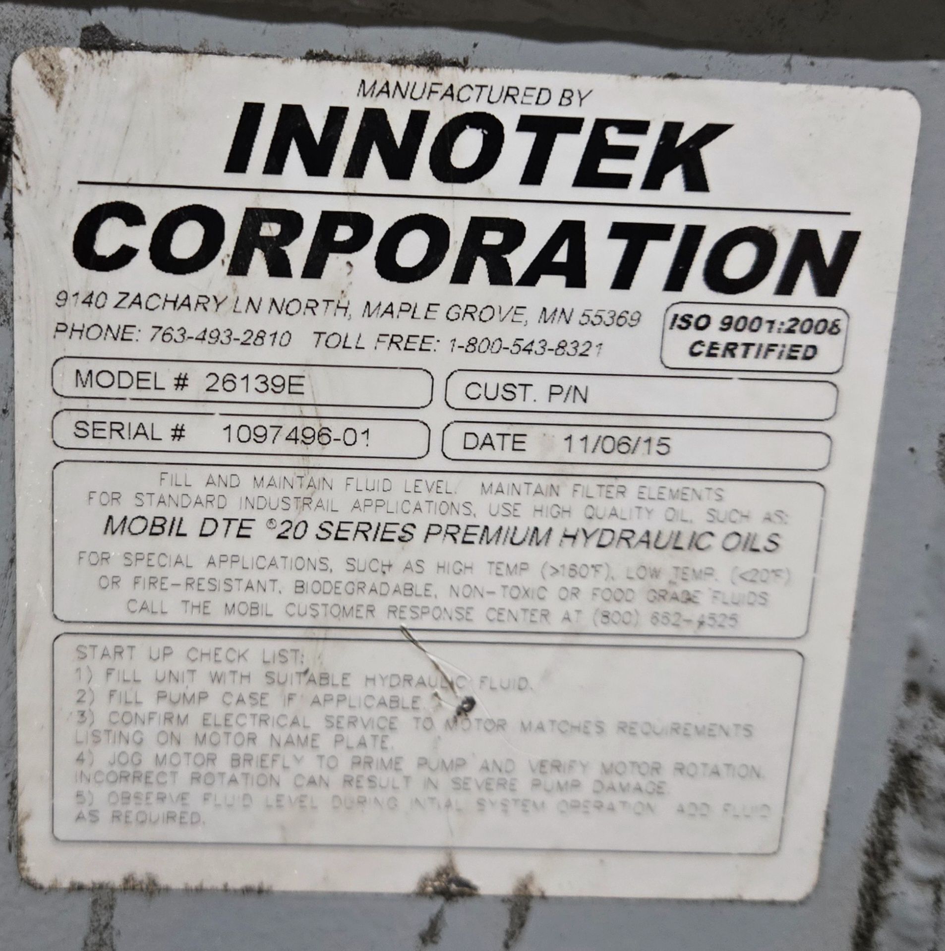 INNOTEK 26139E Hydraulic Power Unit w/ AOC-19-2 Heat Exchanger USED 8