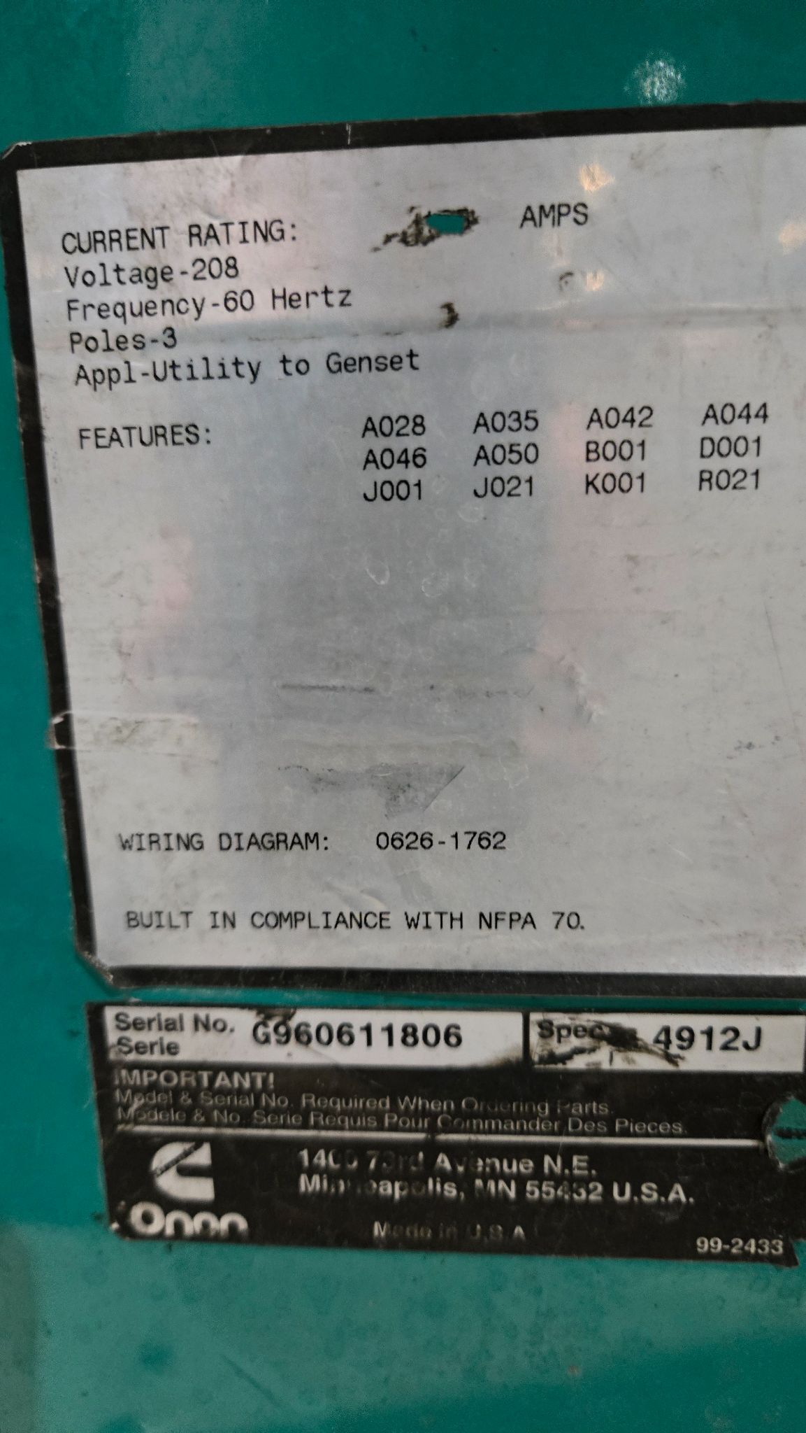 ONAN 20ES L25850B Generator Set w/ Automatic Transfer Switch USED 15