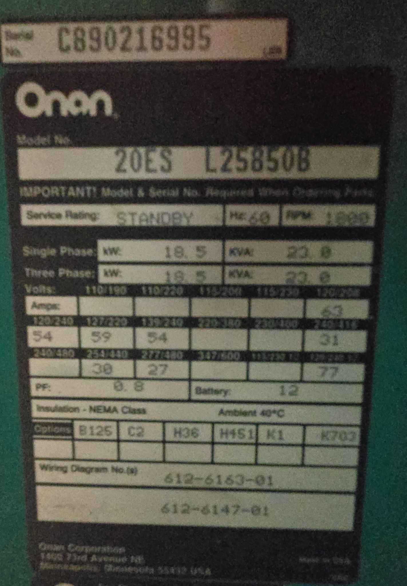 ONAN 20ES L25850B Generator Set w/ Automatic Transfer Switch USED 16