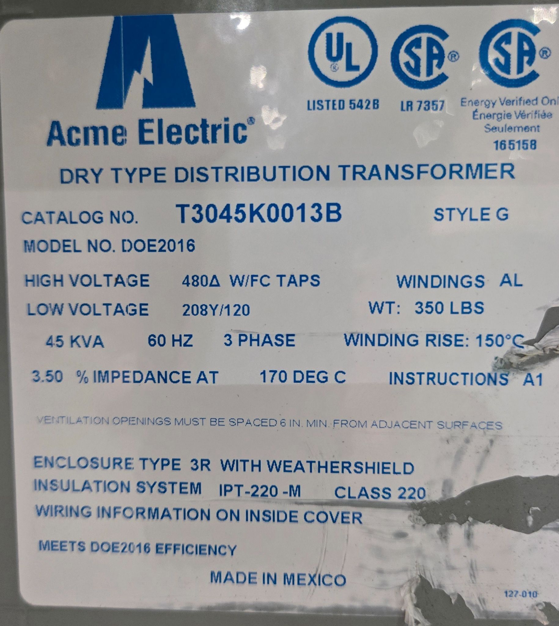 ACME ELECTRIC T3045K0013B 45 kVA 3 Phase Dry Type Transformer USED 4