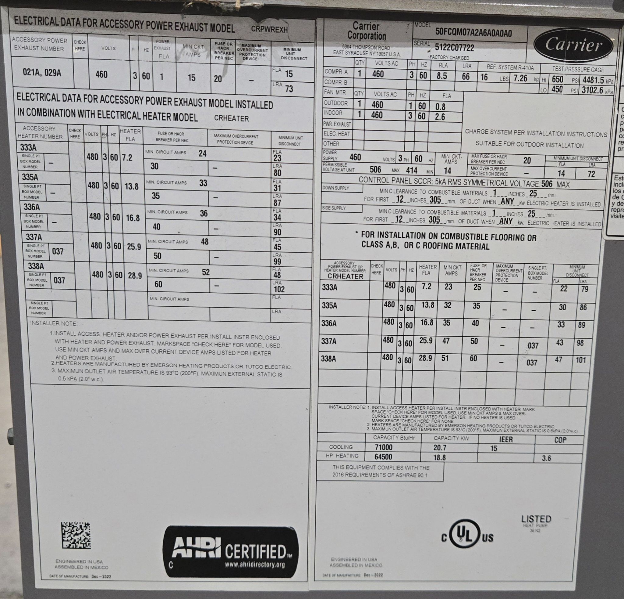 Carrier WeatherMaker 50FCQM07A2A6-A0A0A0 Packaged Rooftop HVAC Unit 460V USED 5