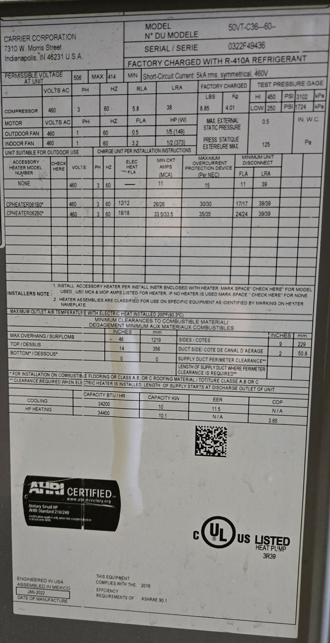 Carrier 50VT-C36-60 Rooftop HVAC Unit 460V 3PH USED 5