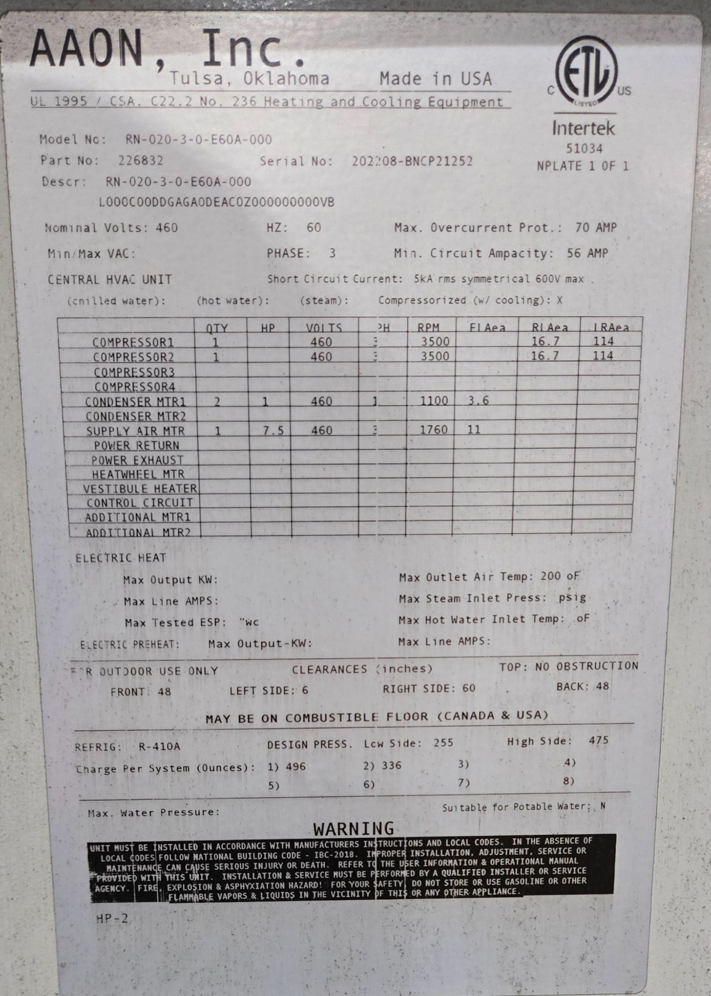 AAON RN-020-3-0-E60A-000 20 Ton Rooftop HVAC Unit 460V 3PH USED 6