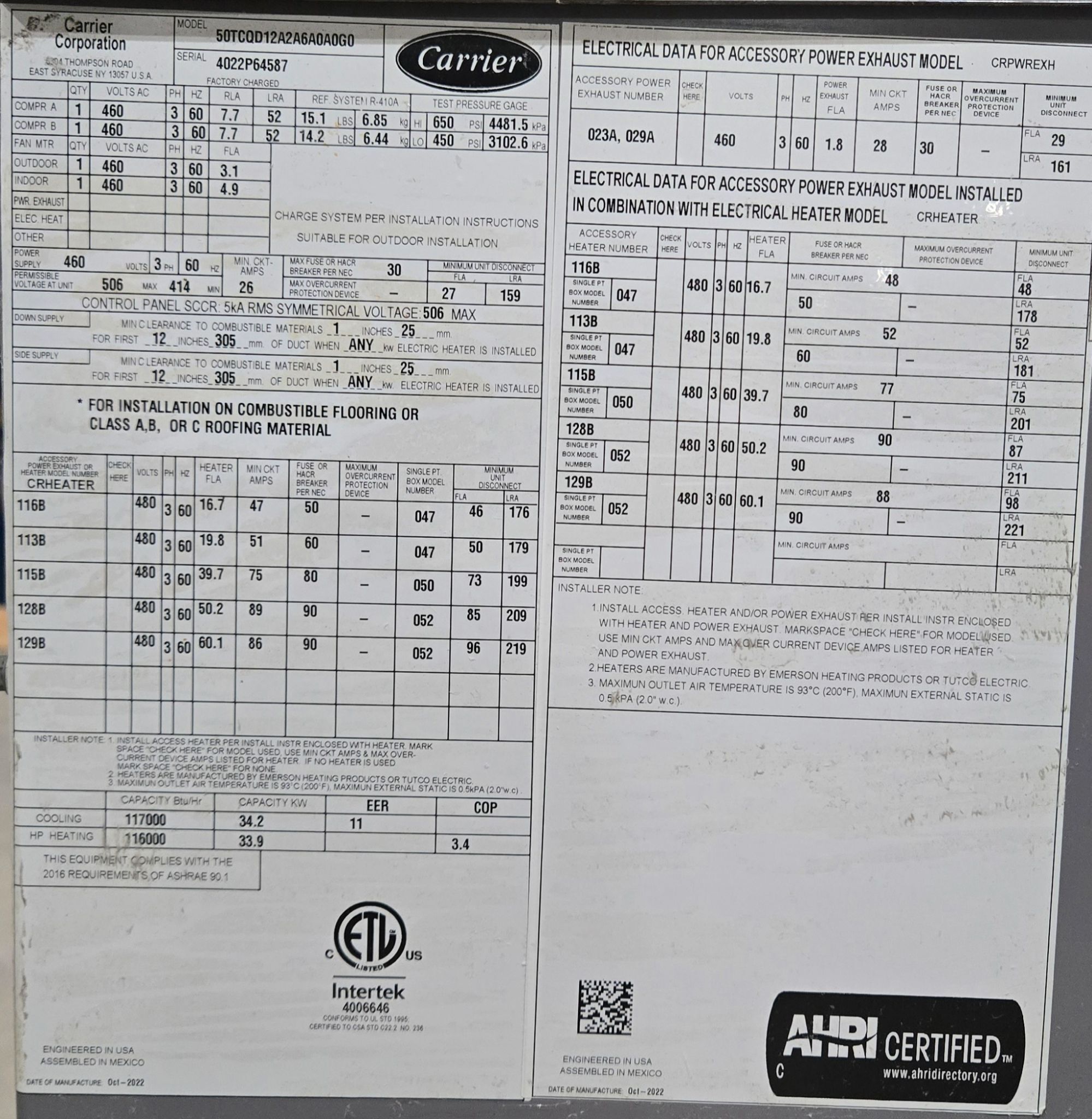 Carrier WeatherMaker 50TCQD12A2A6A0A0G0 Rooftop HVAC Unit 460V 3PH USED 5