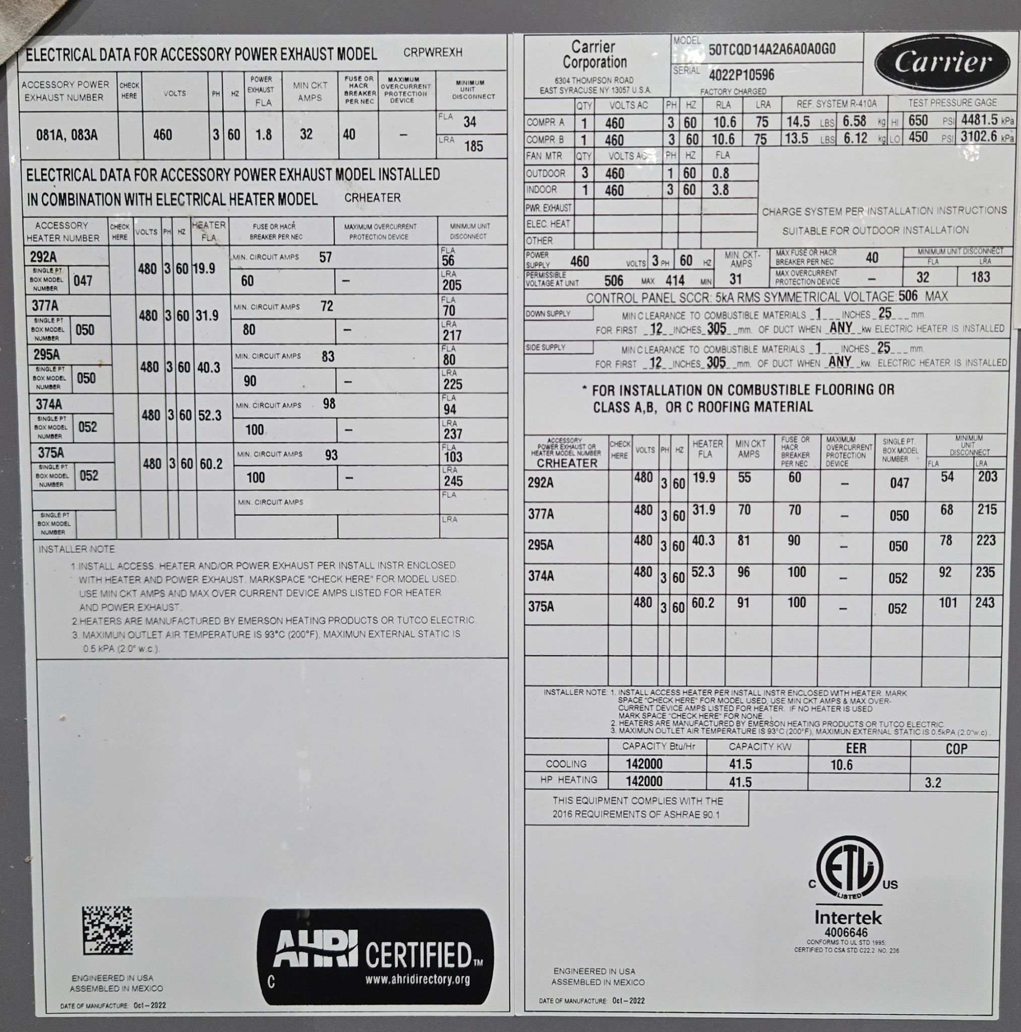 Carrier WeatherMaker 50TCQD14A2A6A0A0G0 12.5 Ton Heat Pump Rooftop Unit NEW 6