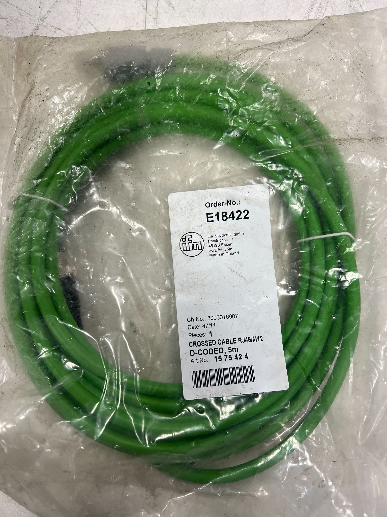 IFM E18422 M12 D‑Coded to RJ45 Industrial Ethernet Cable 5 m NEW 2