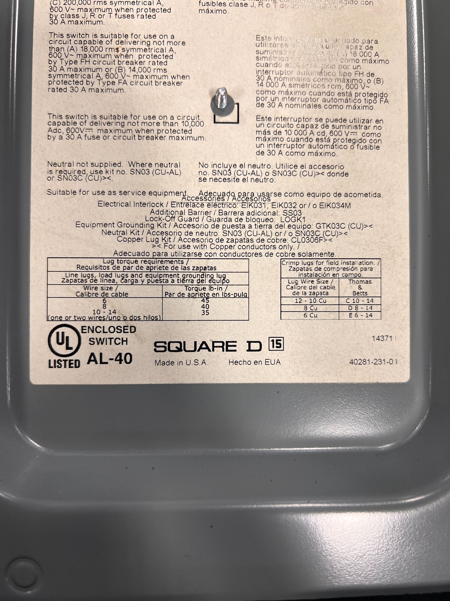 SQUARE D 40275-990-02 Safety Disconnect Switch USED 2