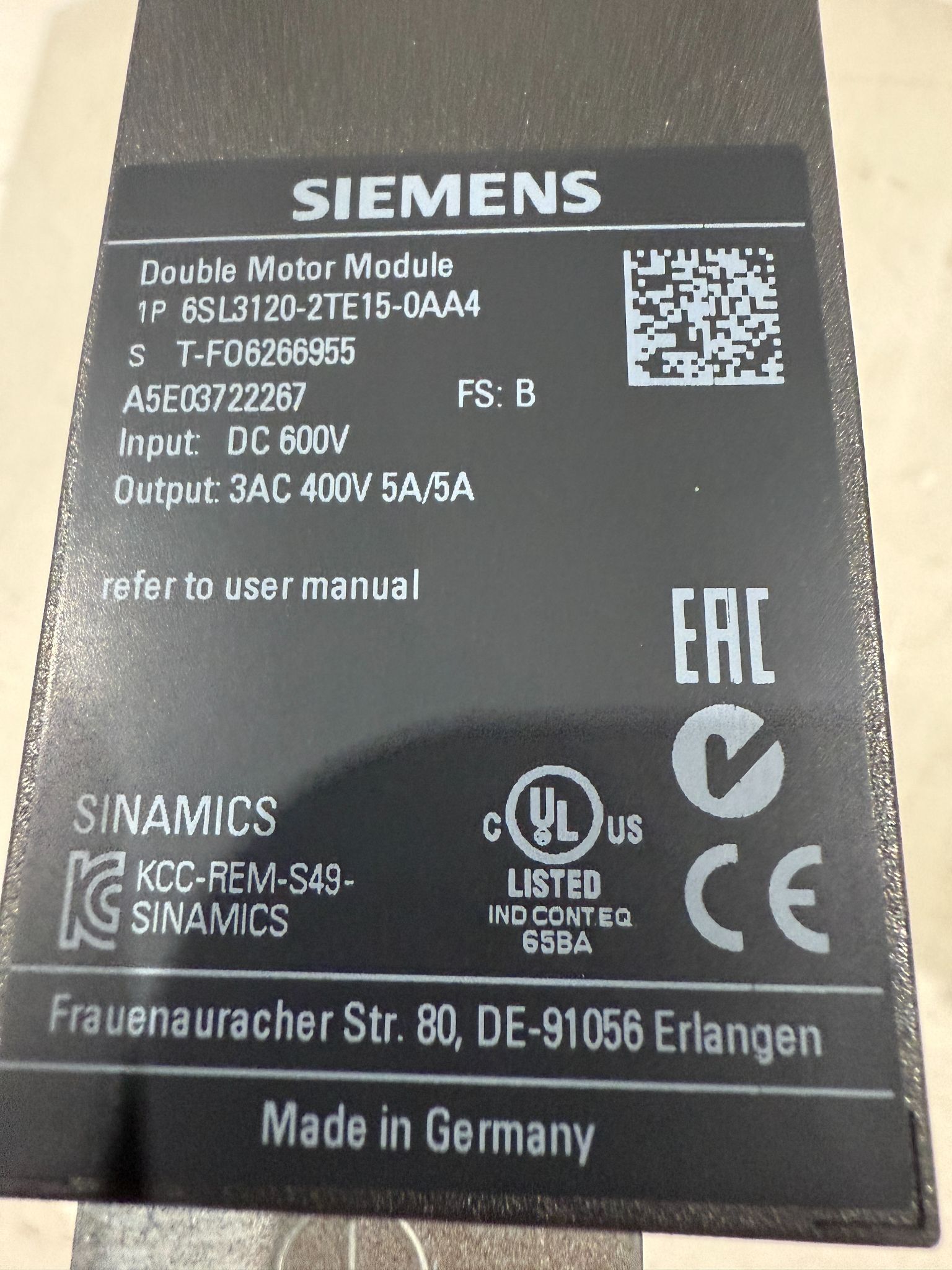 SIEMENS 6SL3120‑2TE15‑0A44 SINAMICS Double Motor Module NEW 3