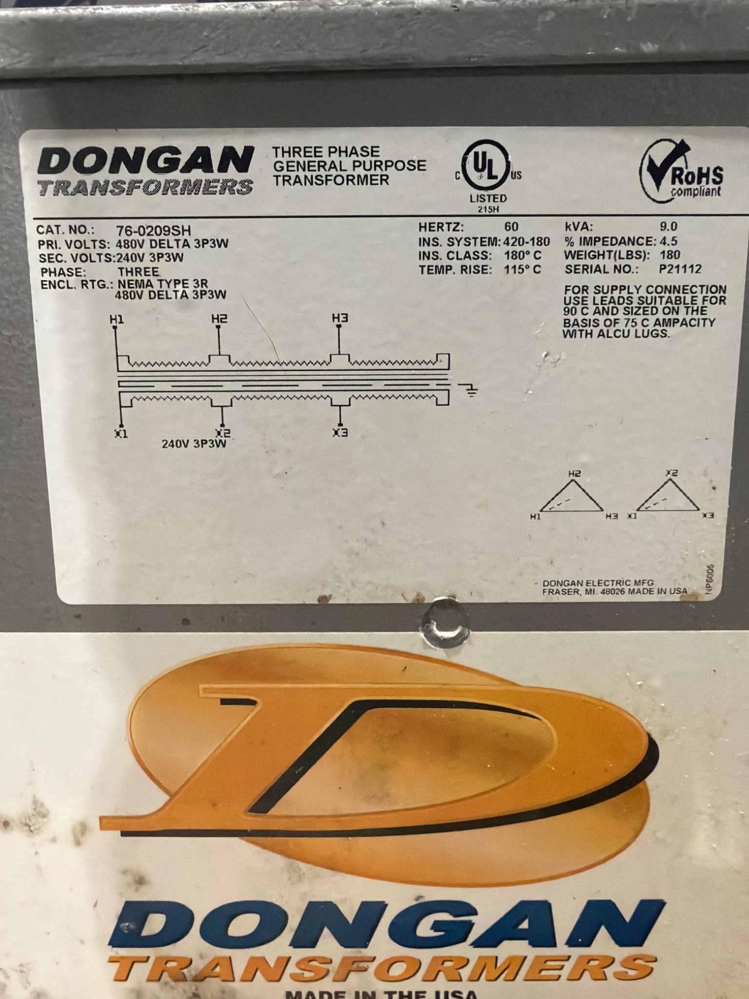 Dongan 76‑0209SH Three Phase General Purpose Transformer USED 4