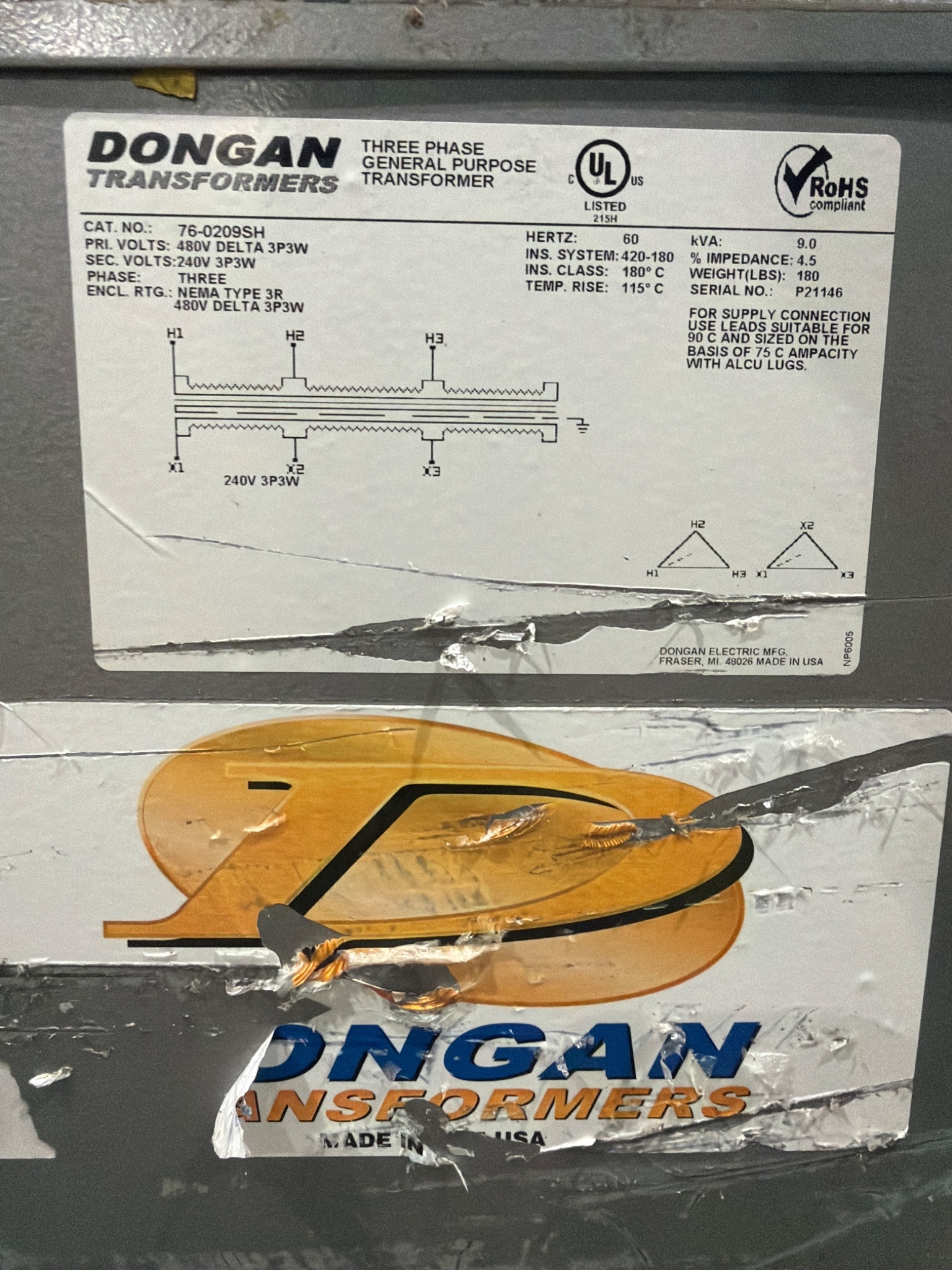 Dongan 76‑0209SH Three Phase General Purpose Transformer USED 4