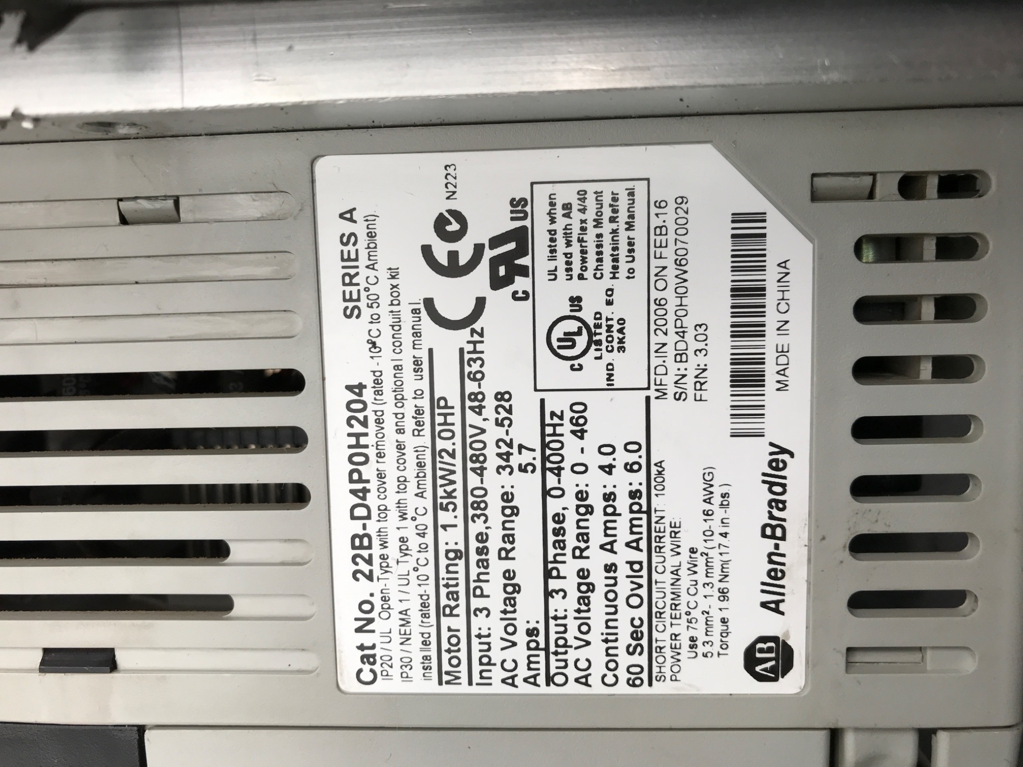 ALLEN‑BRADLEY 22B‑D4P0H204 PowerFlex 40 AC Drive USED 3