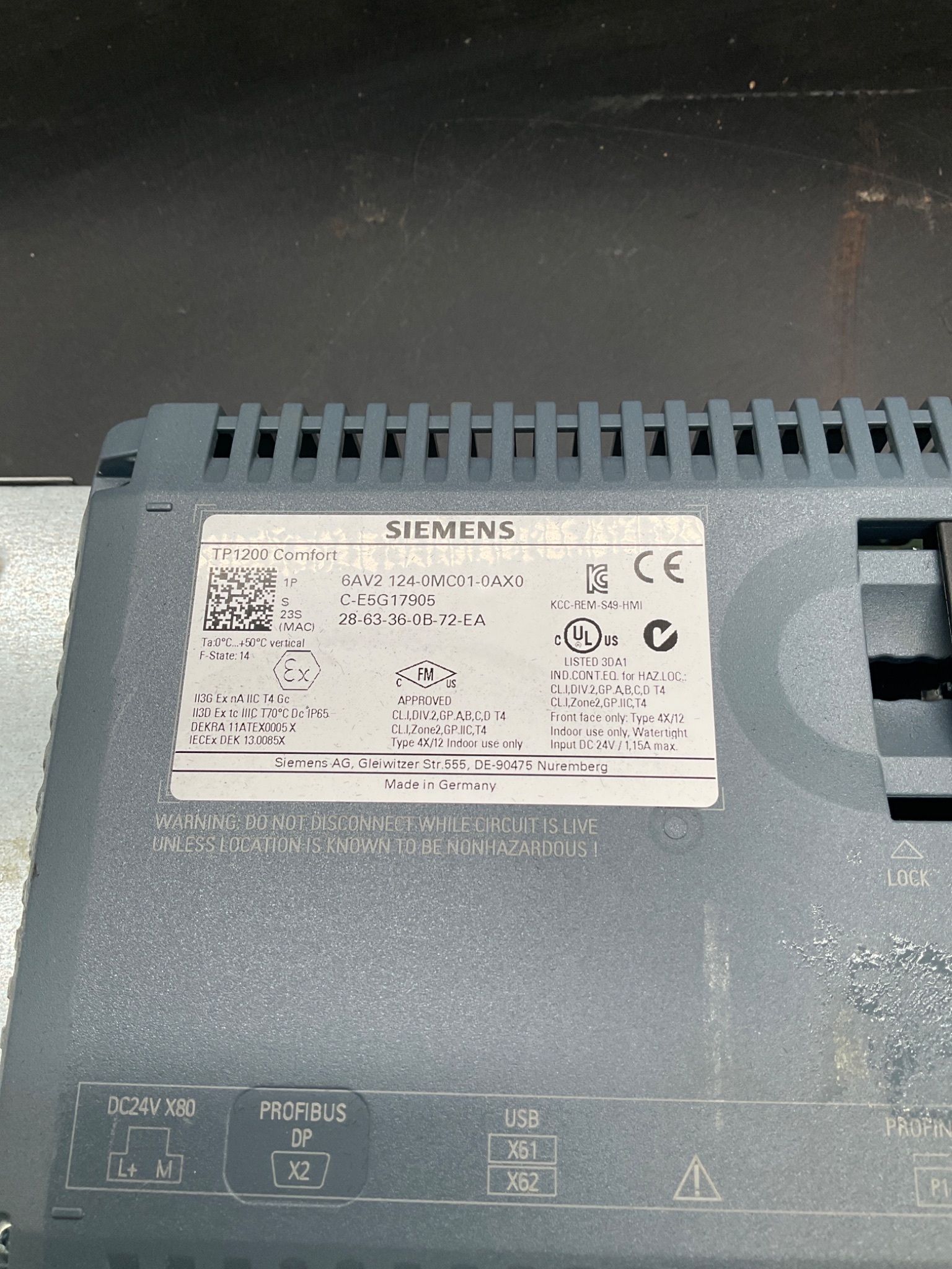 SIEMENS 6AV2124‑0MC01‑0AX0 SIMATIC TP1200 Comfort Touch HMI USED 2