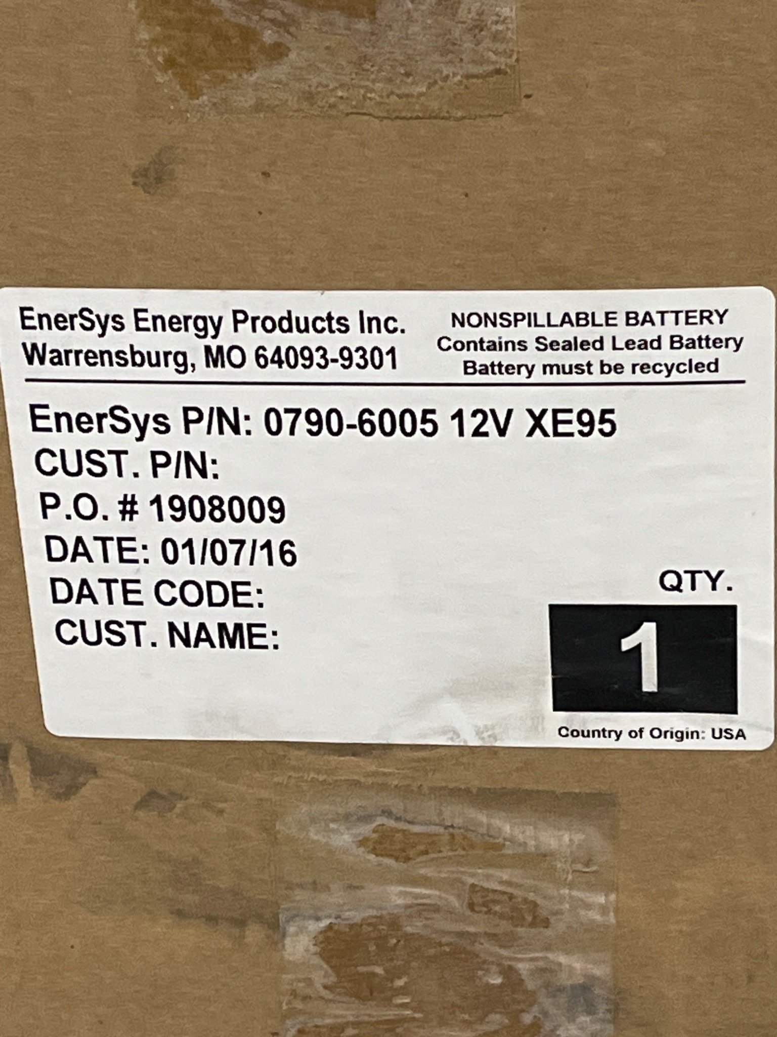 ENERSYS 0790-6005 12V Nonspillable Sealed Lead Battery NEW 4
