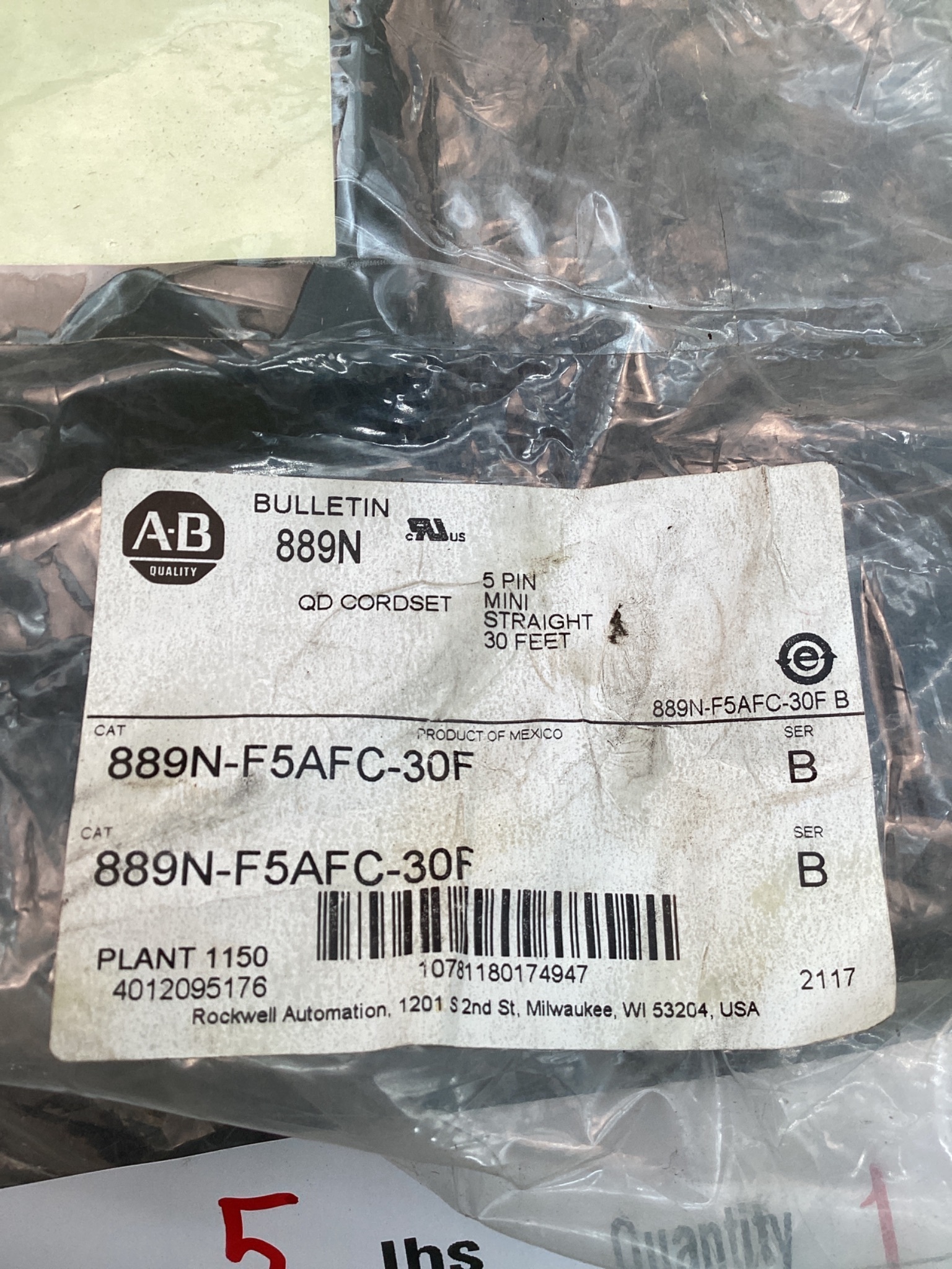 ALLEN‑BRADLEY 889‑F5AFC‑30F Mini QD Cordset 5‑Pin 30 ft NEW 5