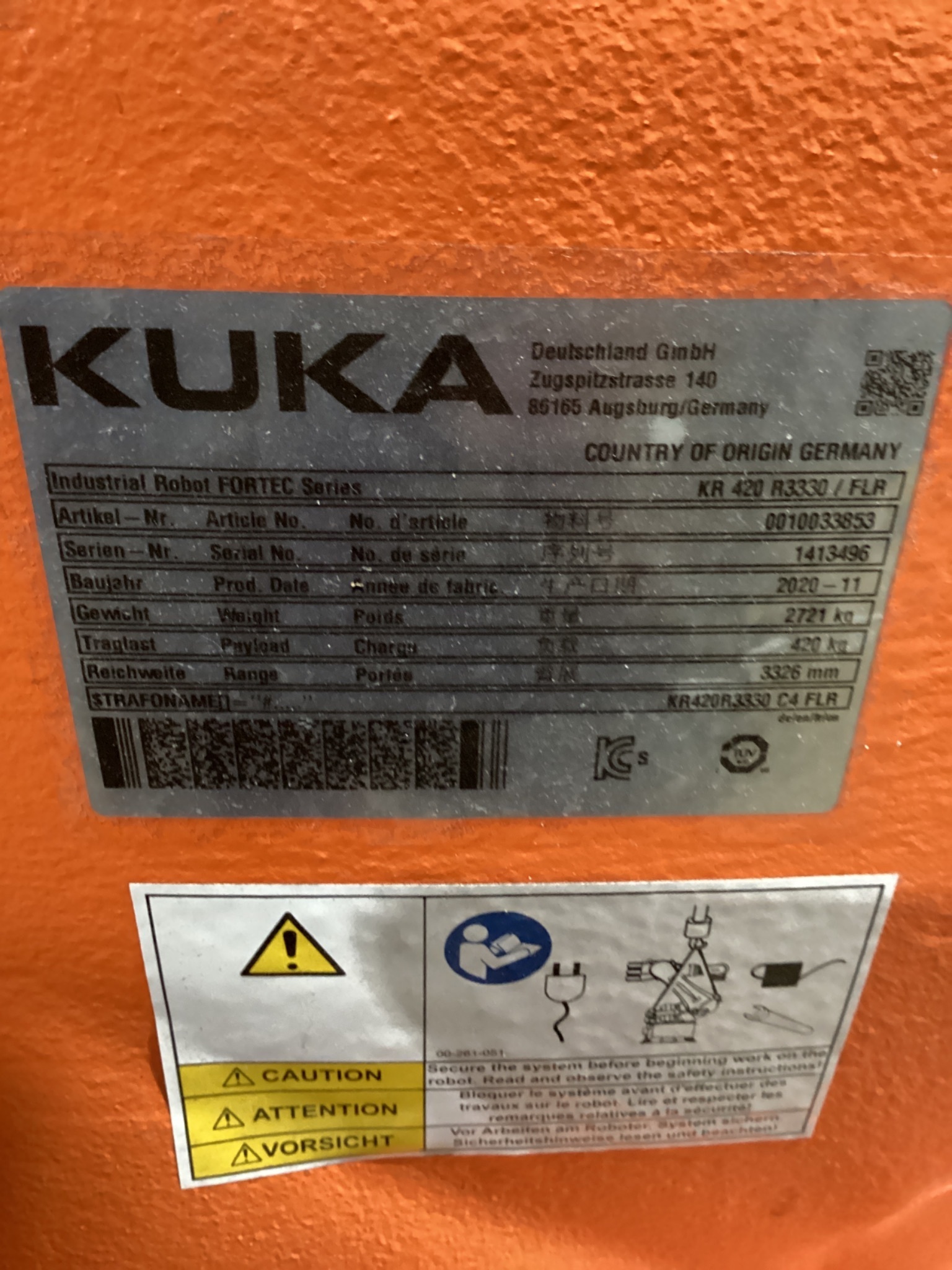 KUKA KR 420 R3330/FLR w/ KRC4 Controls USED 10