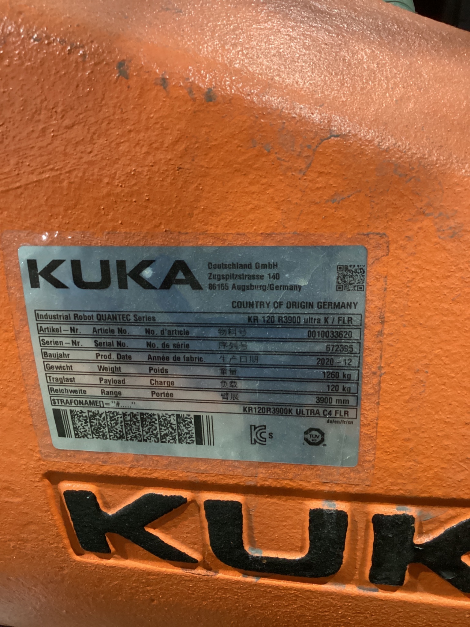 KUKA KR 120 R3900 ULTRA K/FLR ROBOT W/ KR C4 CONTROLLER 6-AXIS 120KG 3900MM USED 13