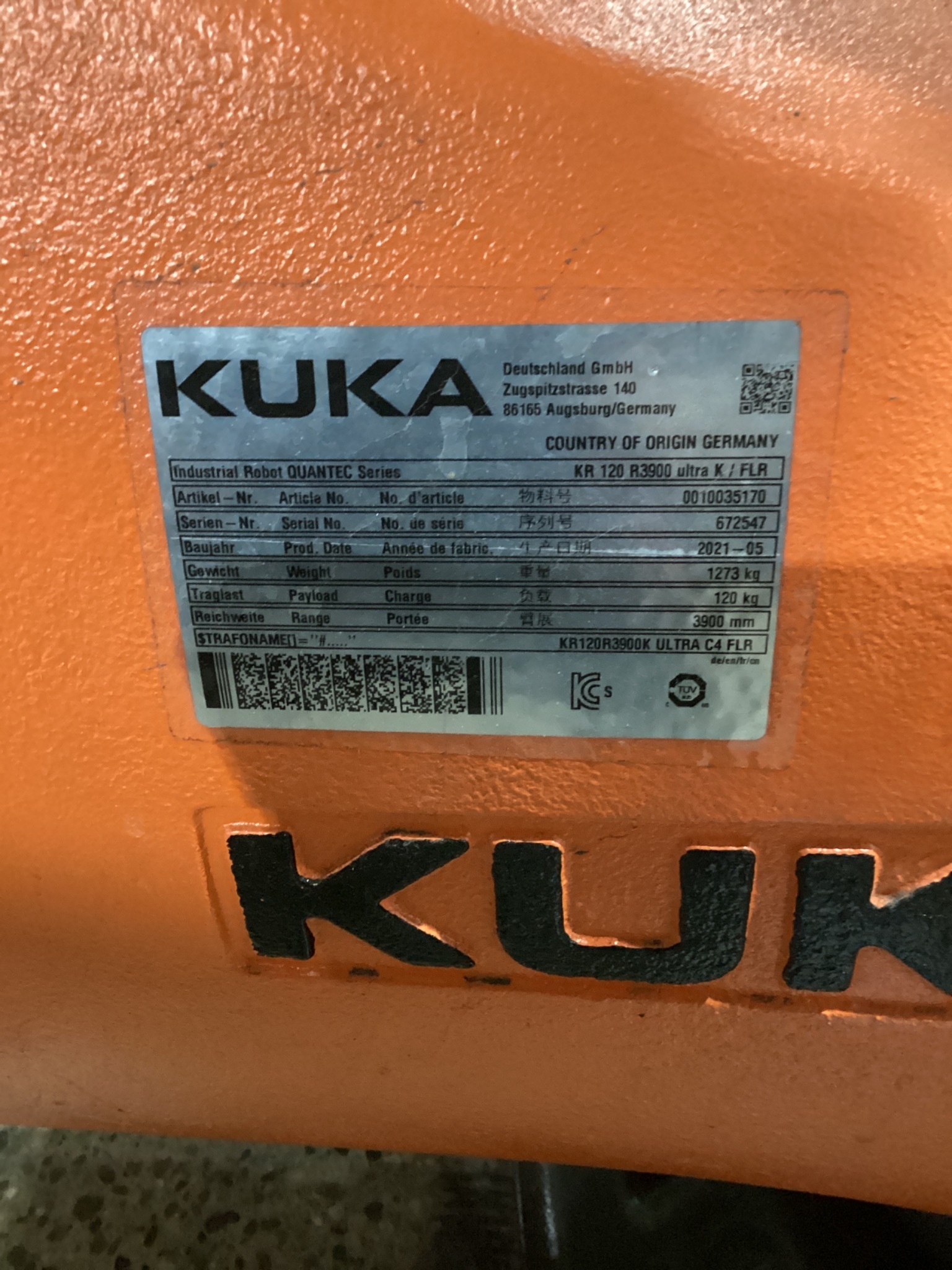 KUKA KR 120 R3900 ULTRA K/FLR ROBOT W/ KR C4 CONTROLLER 6-AXIS 120KG 3900MM USED 11