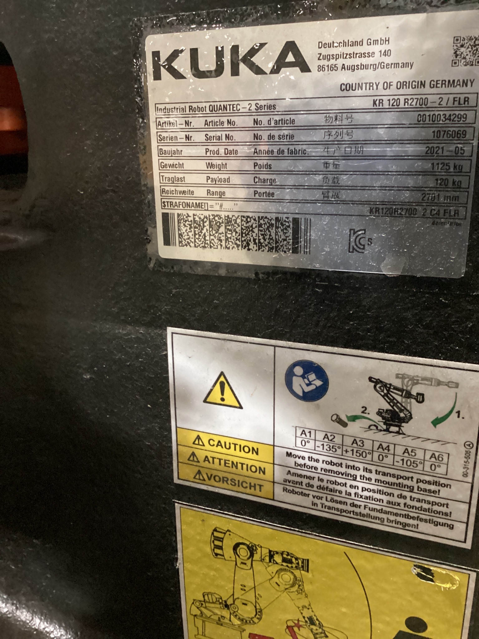 KUKA KR 120 R2700-2/FLR ROBOT W/ KR C4 CONTROLLER 6-AXIS 120KG 2701MM USED 8
