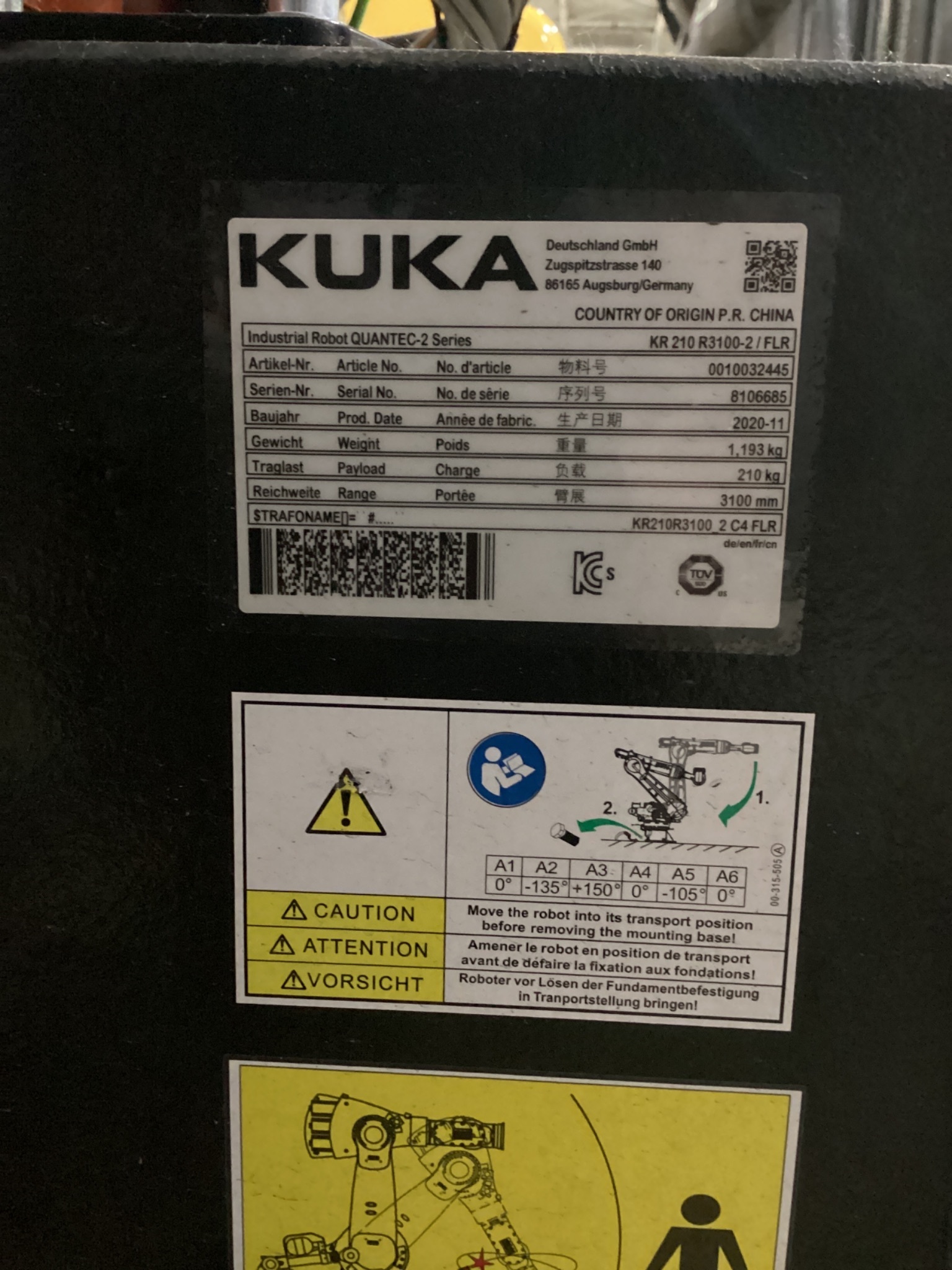 KUKA KR 210 R3100-2/FLR Robot Complete w/ KR C4 NA Controller USED 13