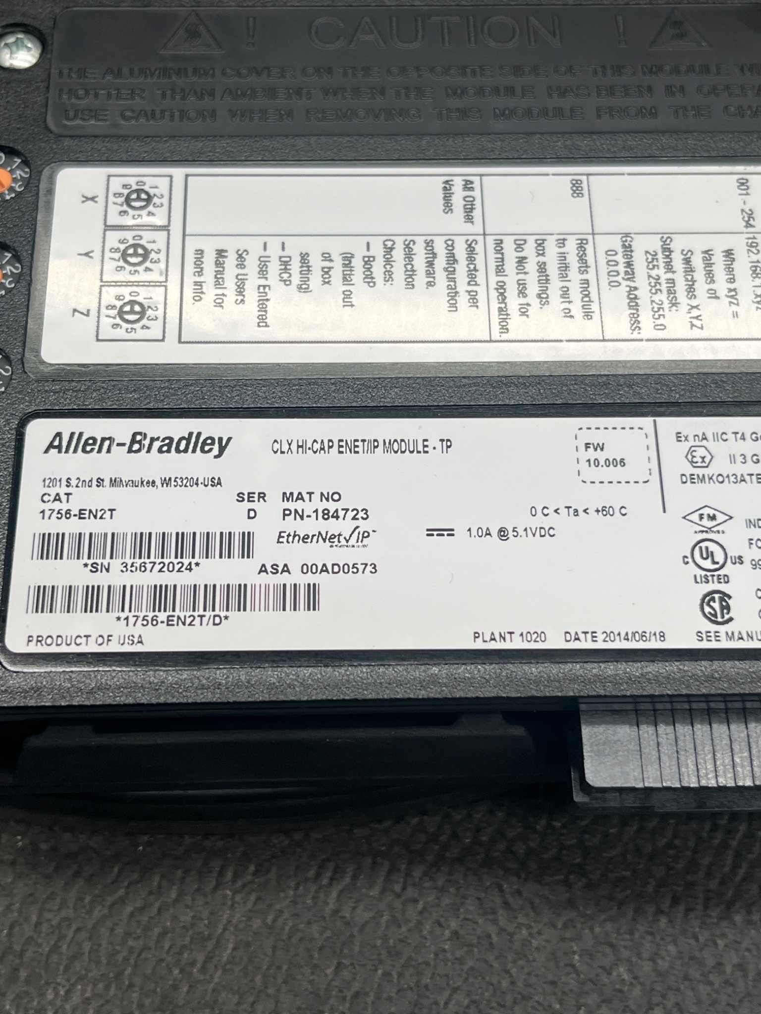 ALLEN‑BRADLEY 1756‑EN2T/D ControlLogix EtherNet/IP Module USED 5